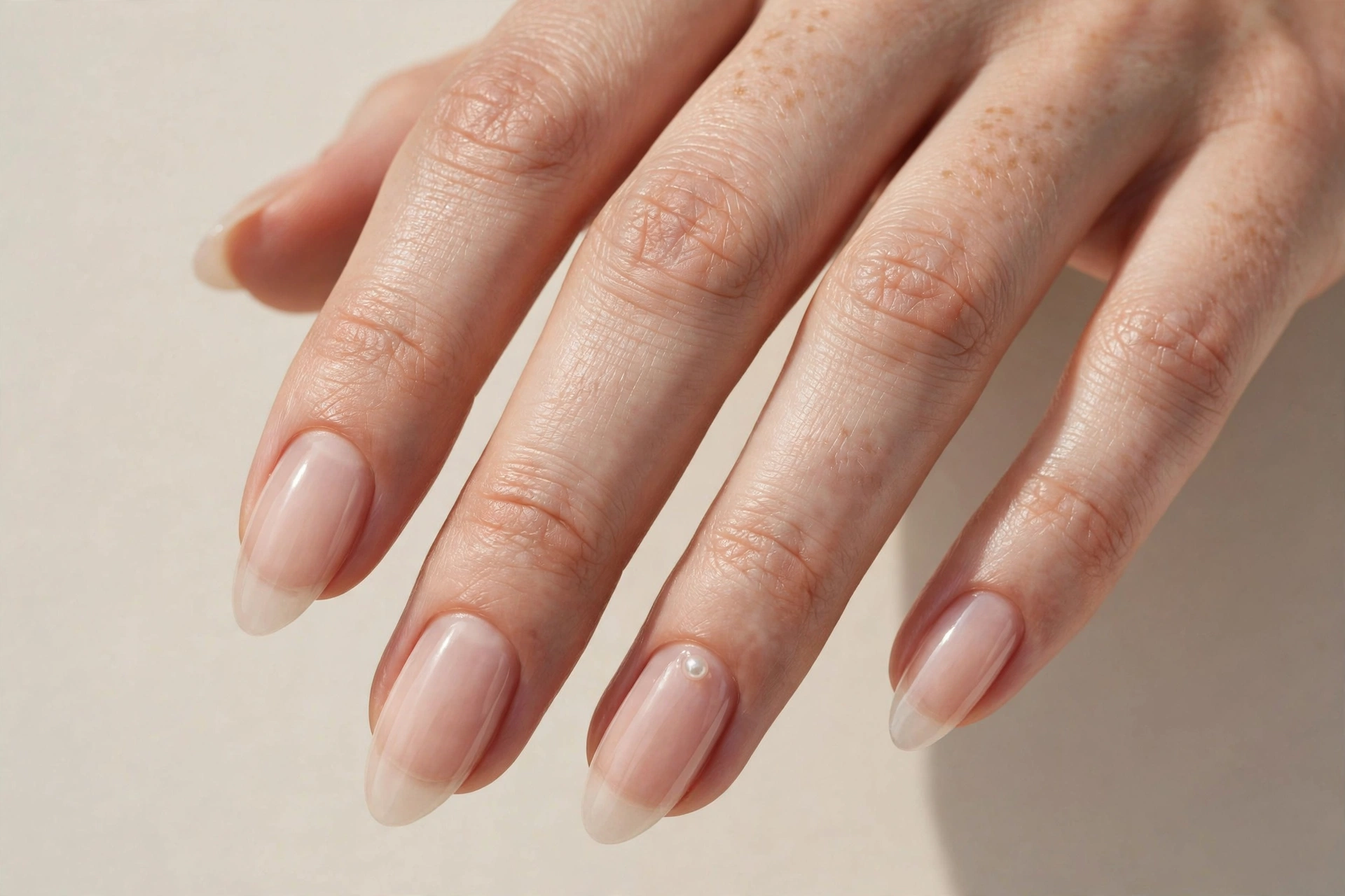 Sheer nude nails with single pearl accent