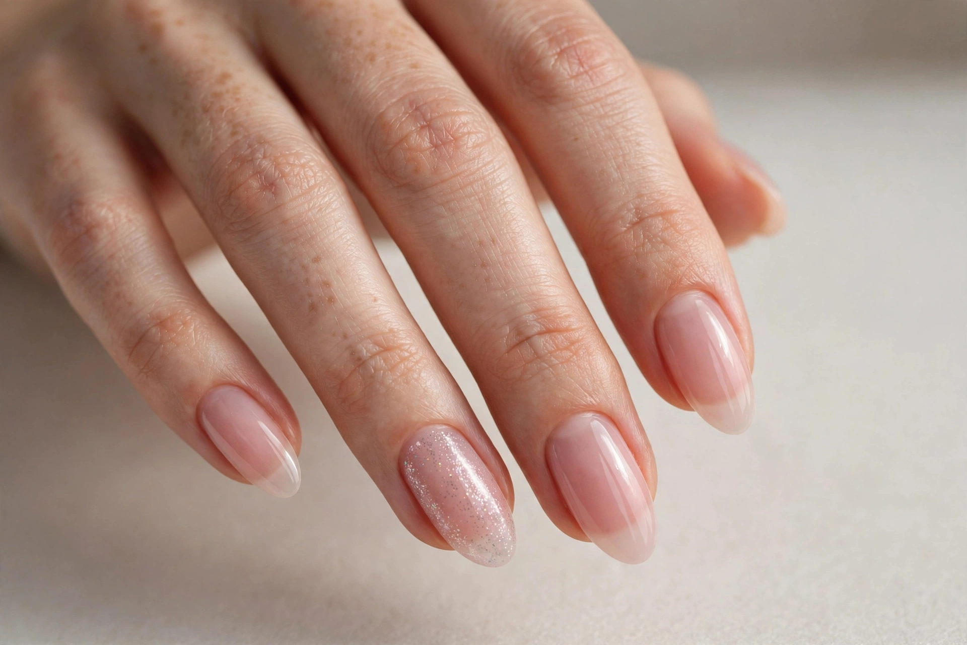 Sheer pink nails with glitter accent nail