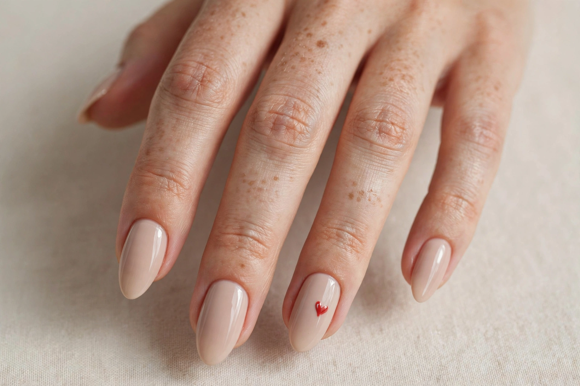 Nude nails with tiny red heart accent