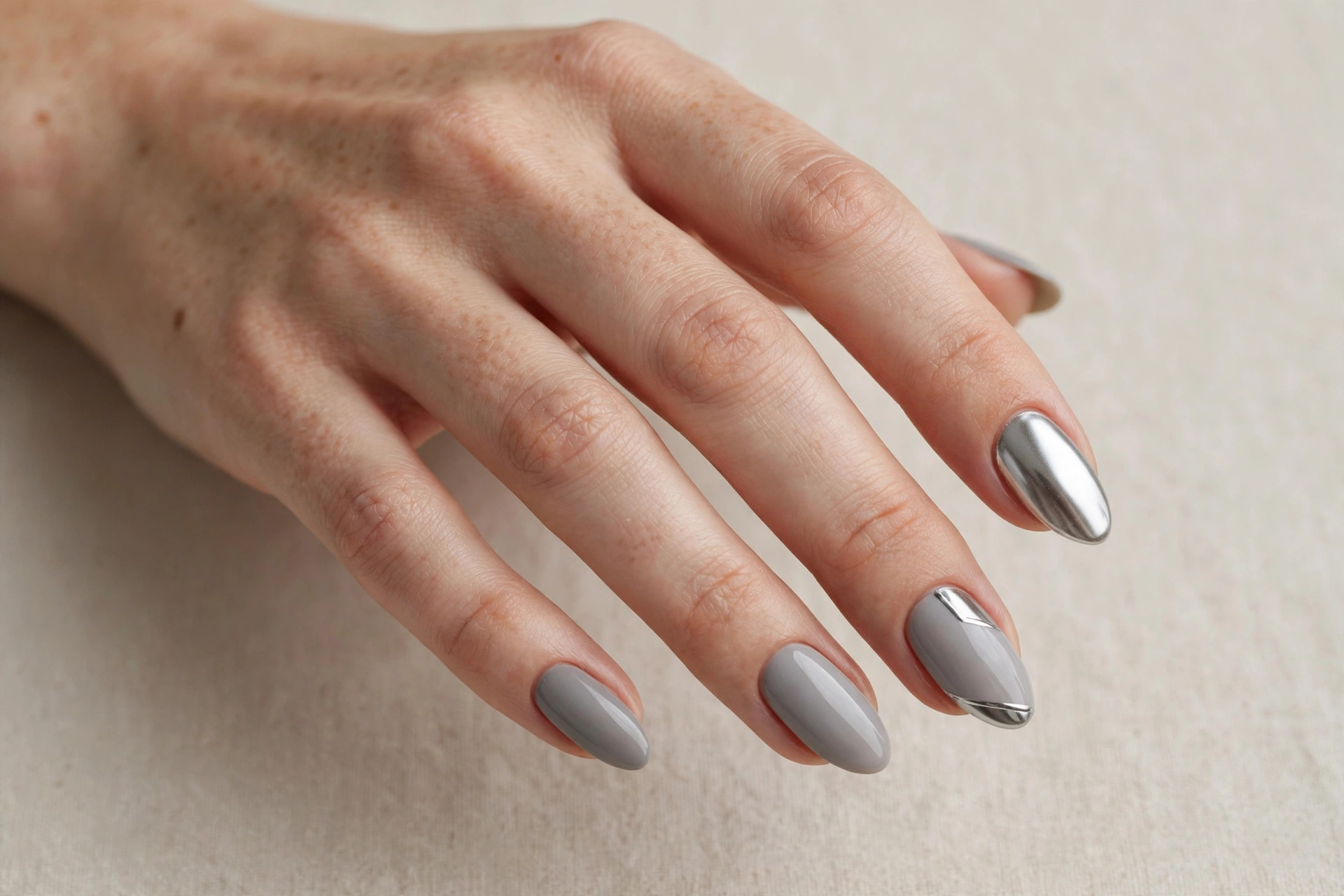 Silver chrome accent nails with grey base
