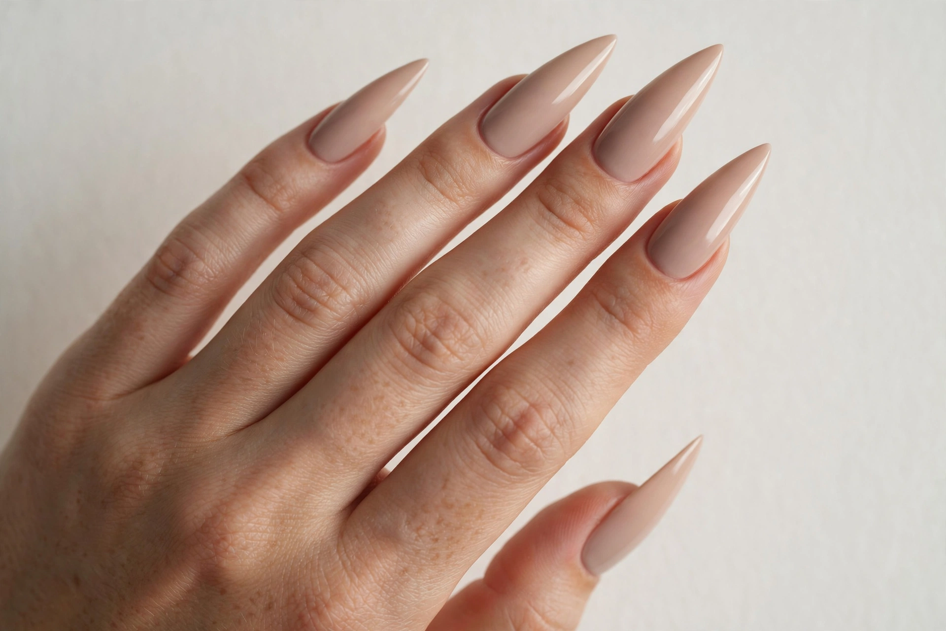 Classic nude stiletto nails with a glossy finish