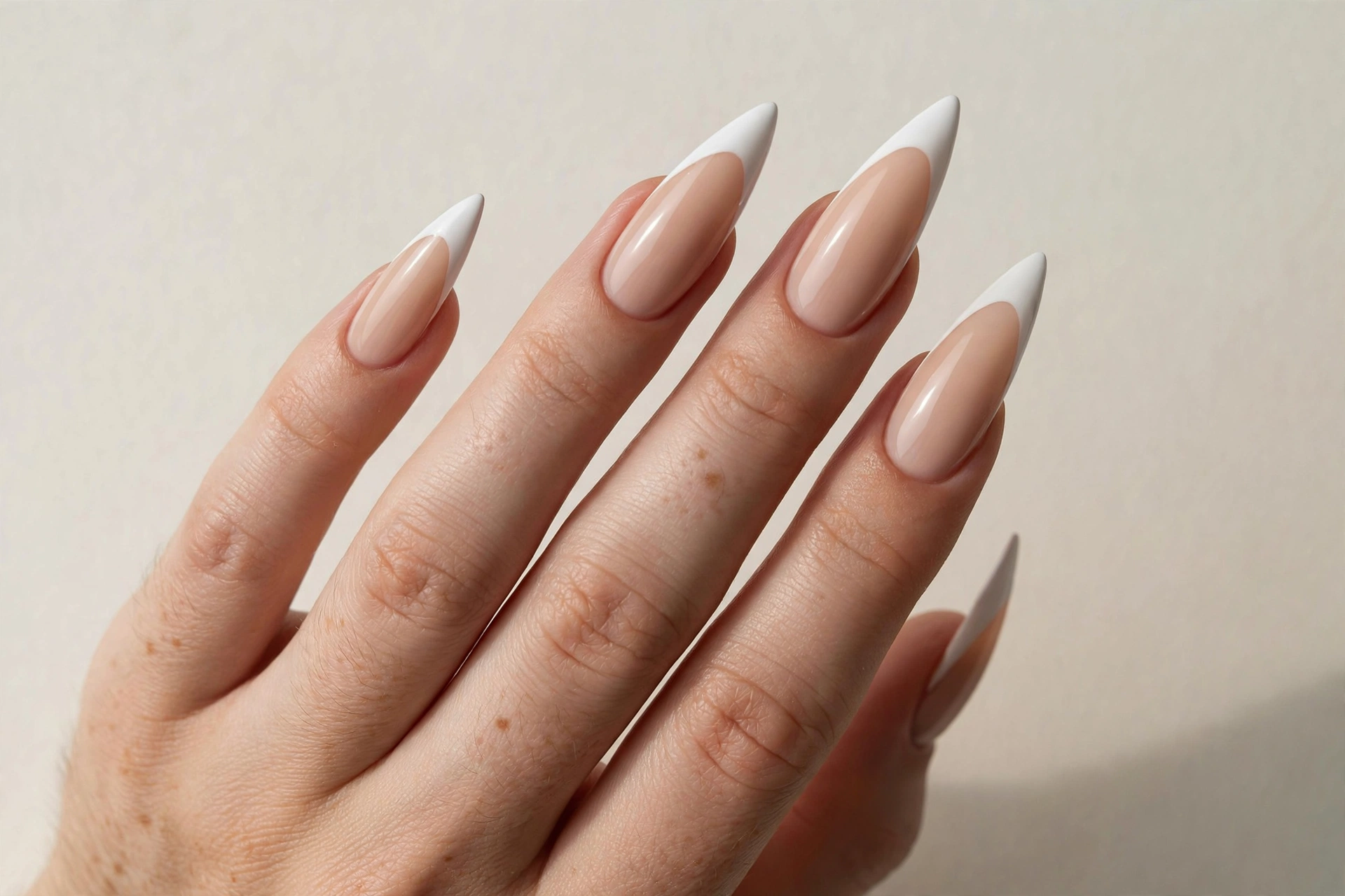 White french tip stiletto nails with a nude base
