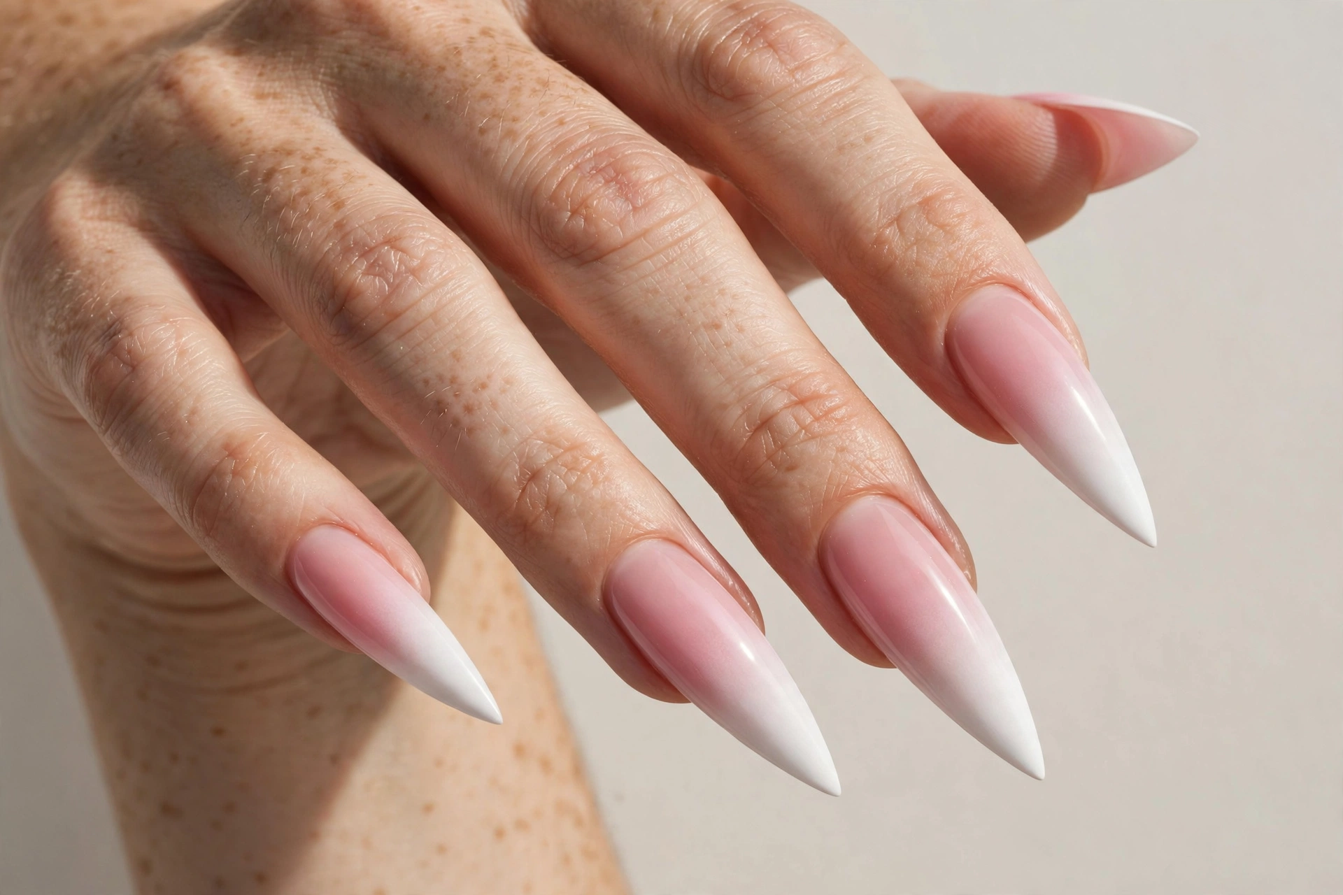 Pink and white ombre gradient stiletto nails
