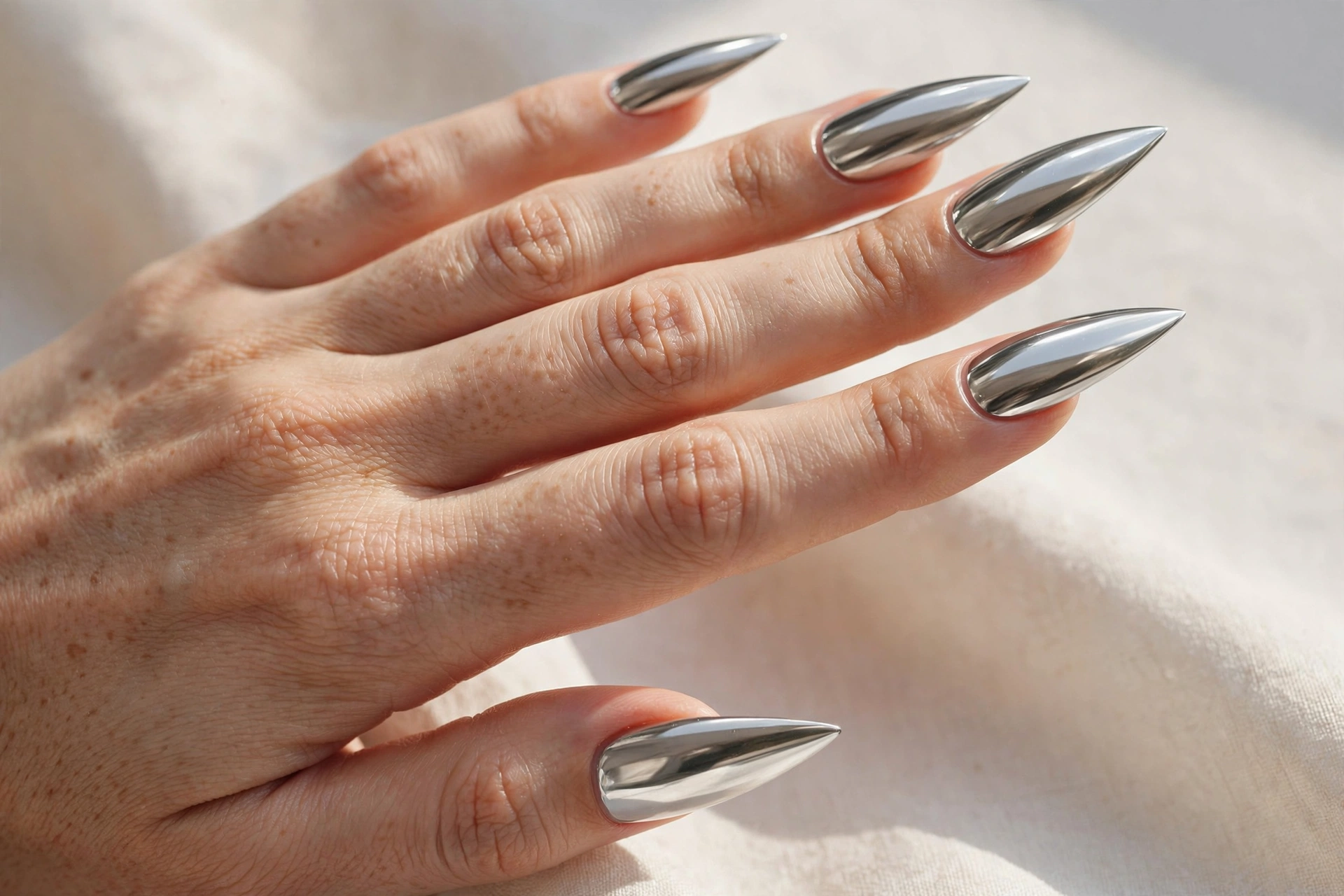 Silver mirror chrome stiletto nails with a metallic finish
