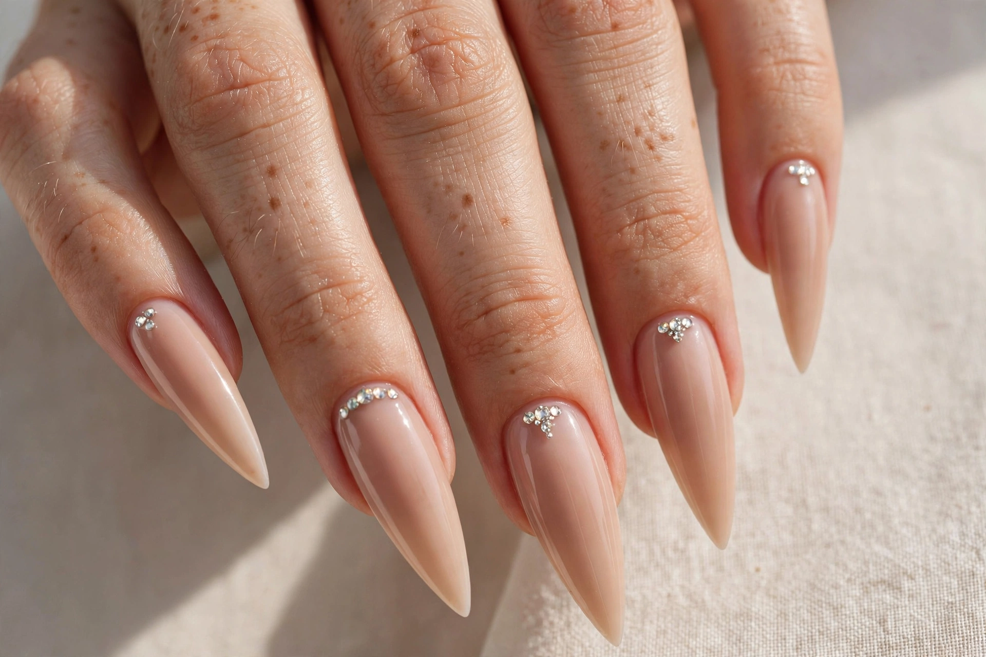 Nude stiletto nails with rhinestone embellishments near the cuticles