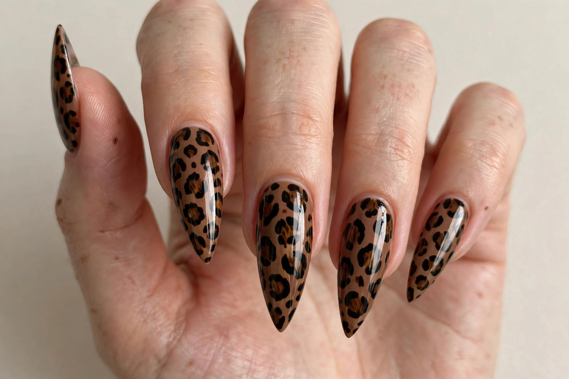 Leopard print stiletto nails in brown and black