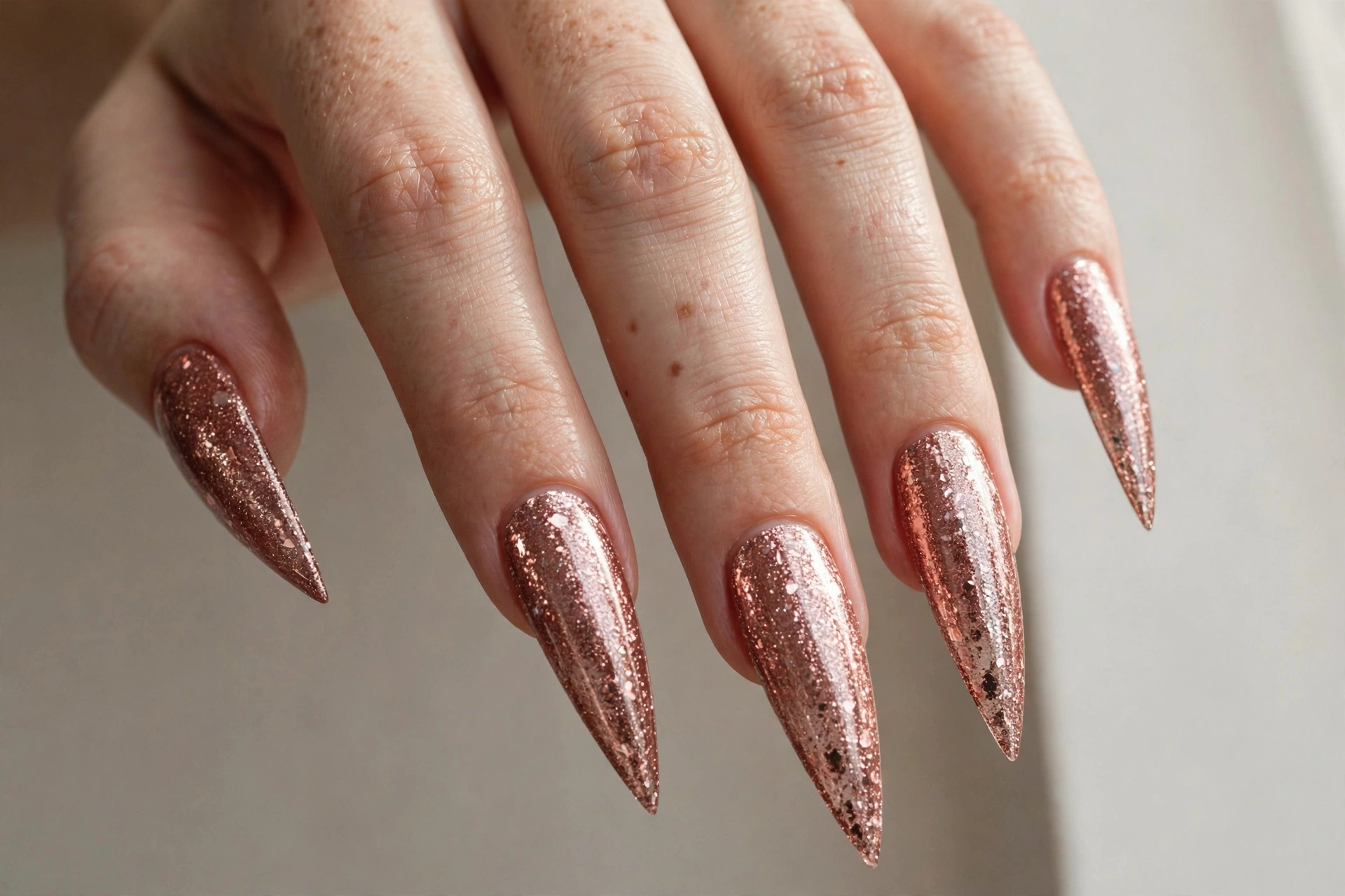 Rose gold glitter stiletto nails