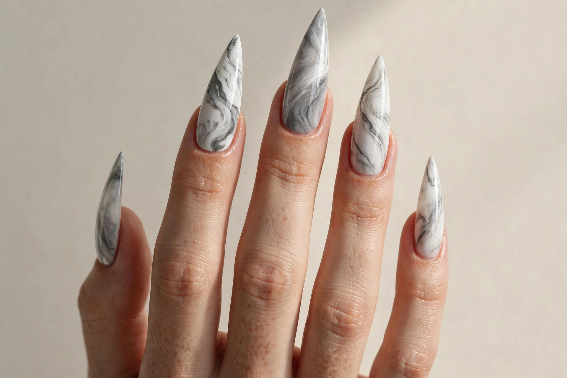 White and gray marble effect stiletto nails