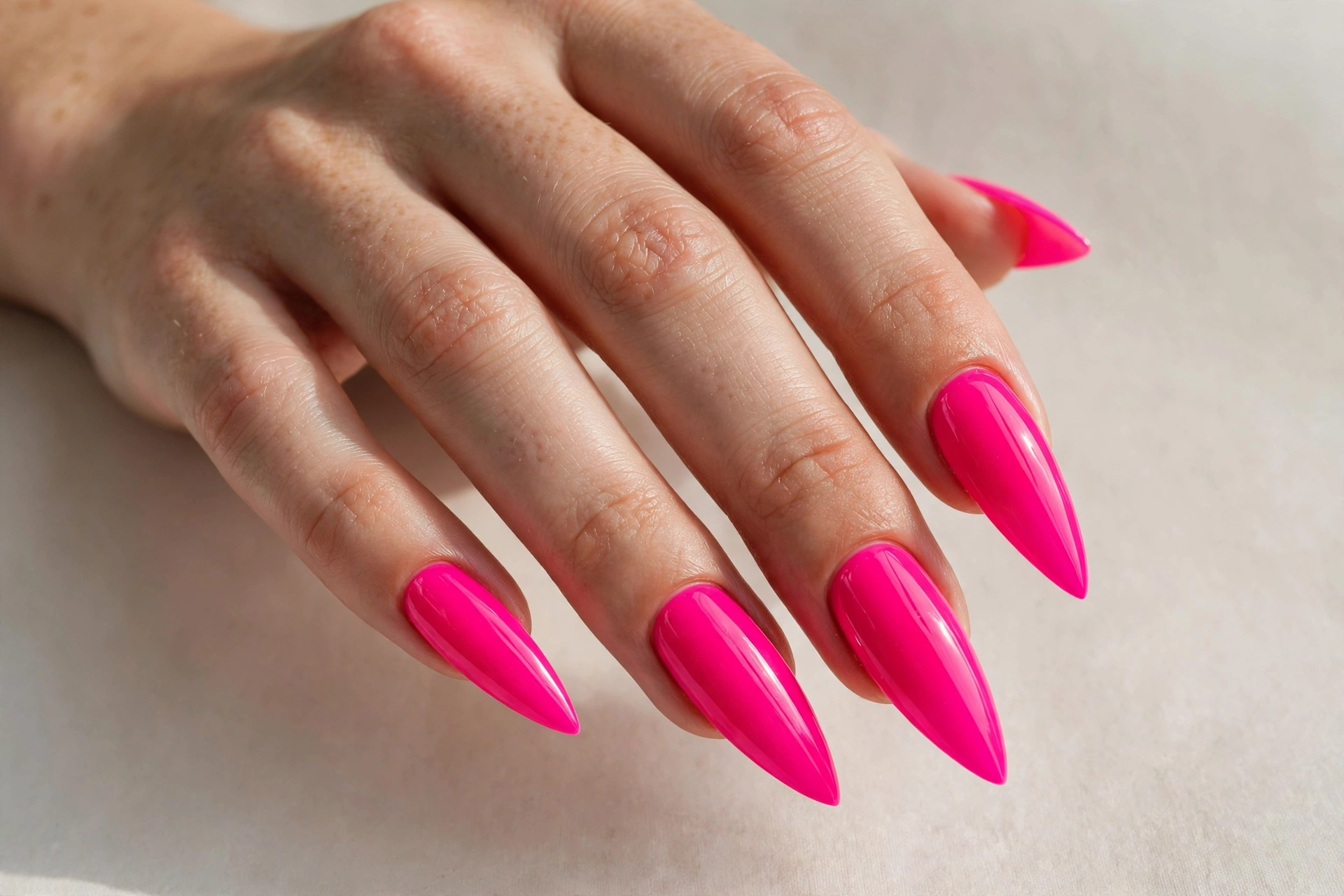 Neon pink stiletto nails with a glossy finish