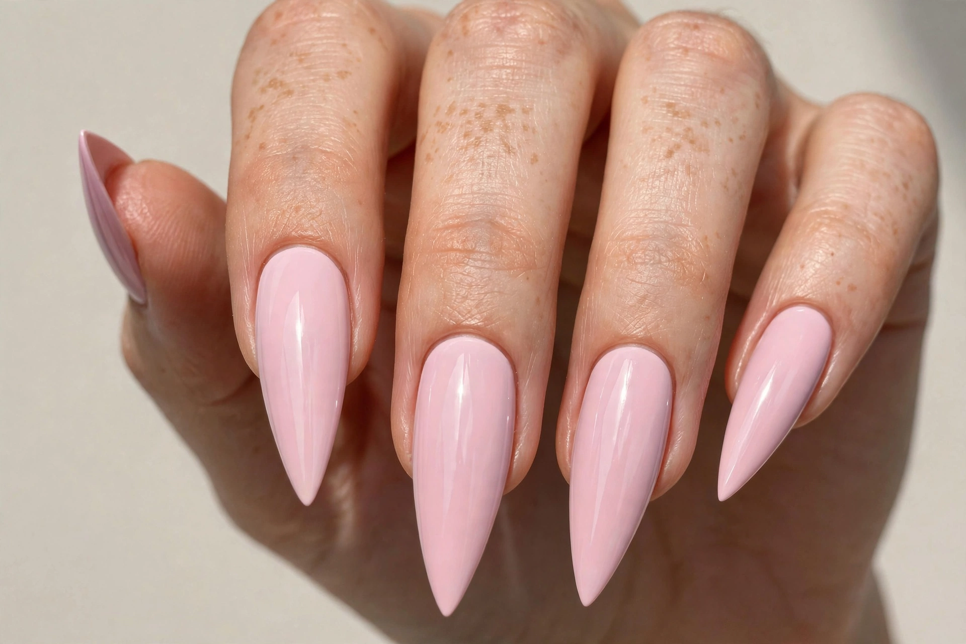 Soft pastel pink stiletto nails with a glossy finish