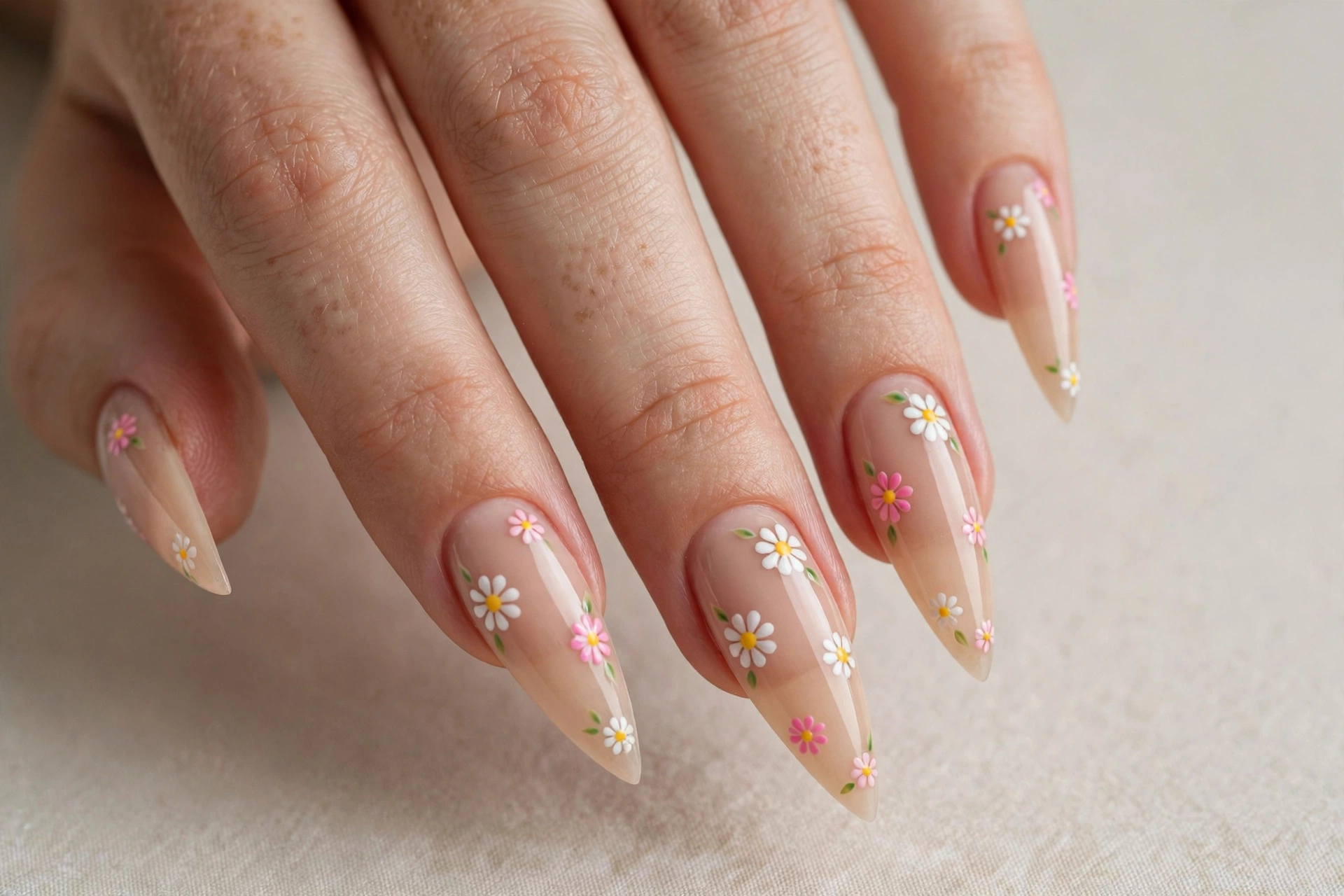Nude stiletto nails with tiny white and pink daisy flowers