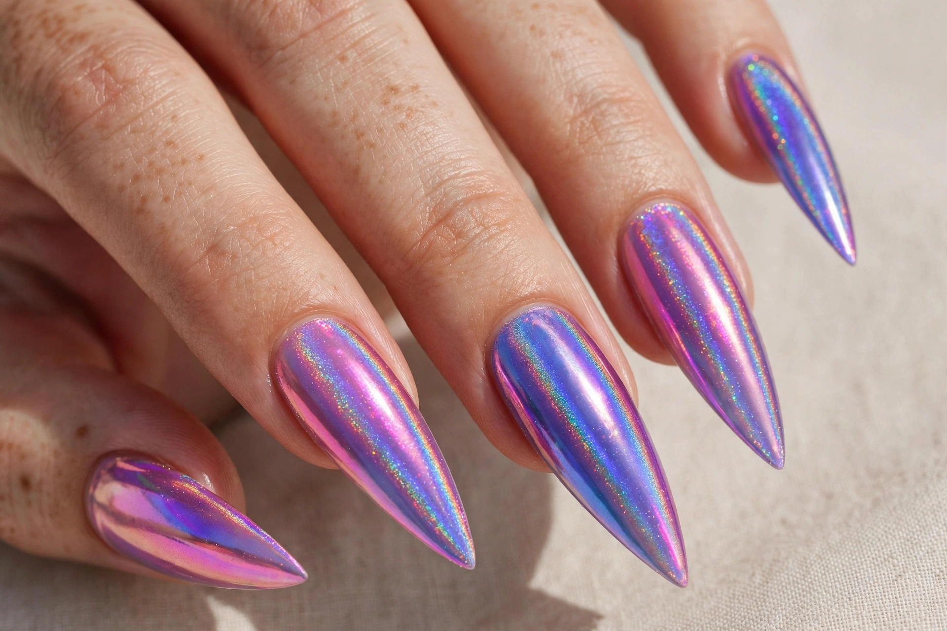 Holographic stiletto nails shifting between purple blue and pink