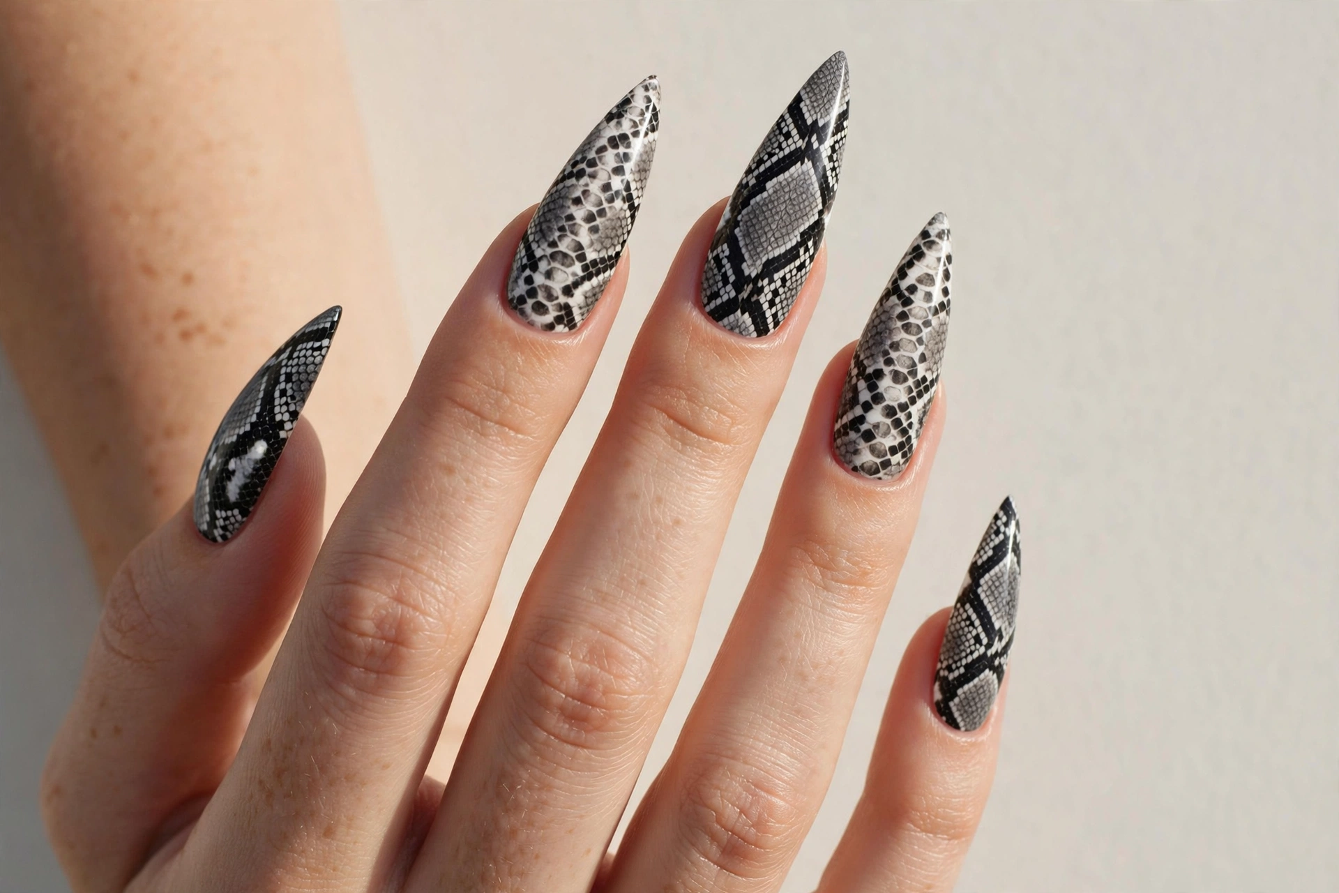 Snakeskin print stiletto nails in gray black and white