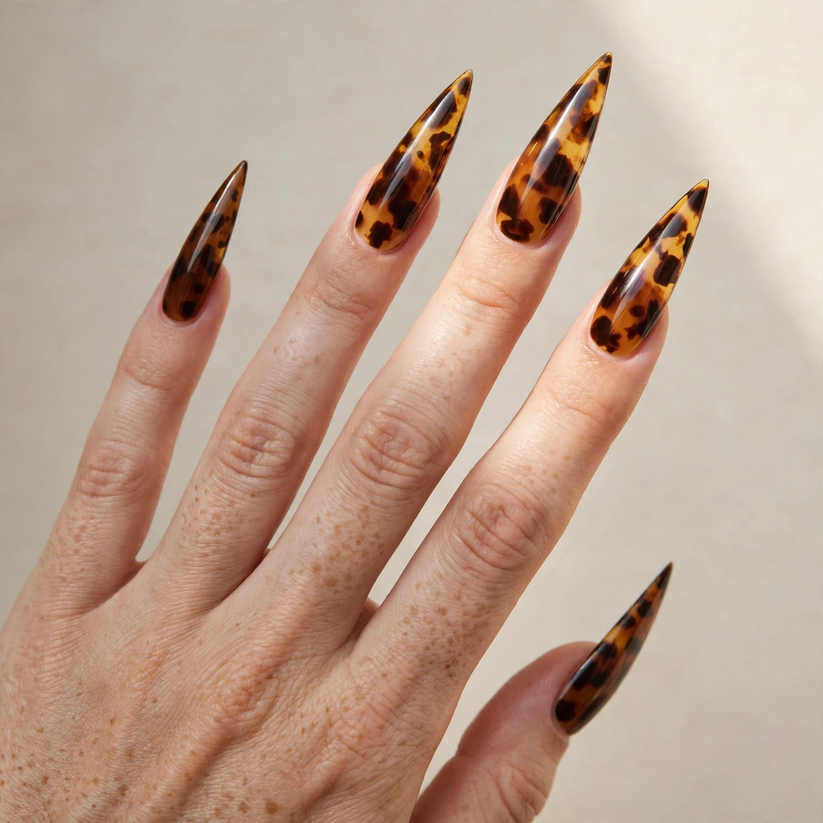 Tortoiseshell amber and brown stiletto nails