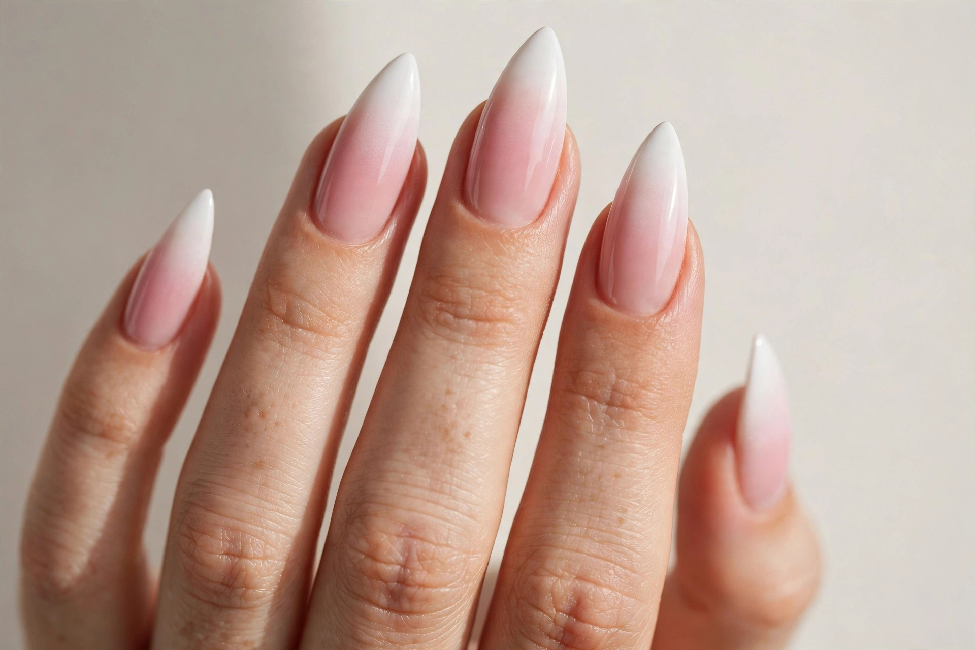 Pink and white baby boomer gradient stiletto nails