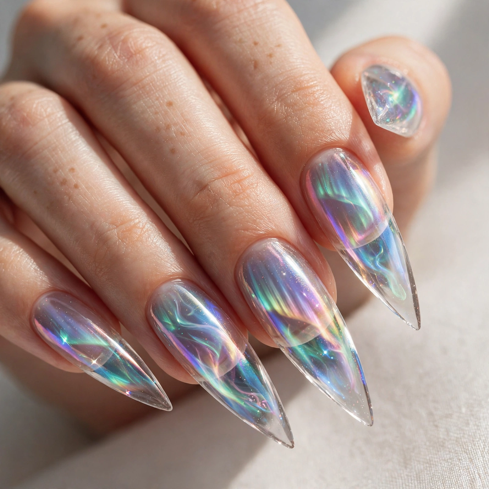 Translucent glass aurora stiletto nails with iridescent shimmer