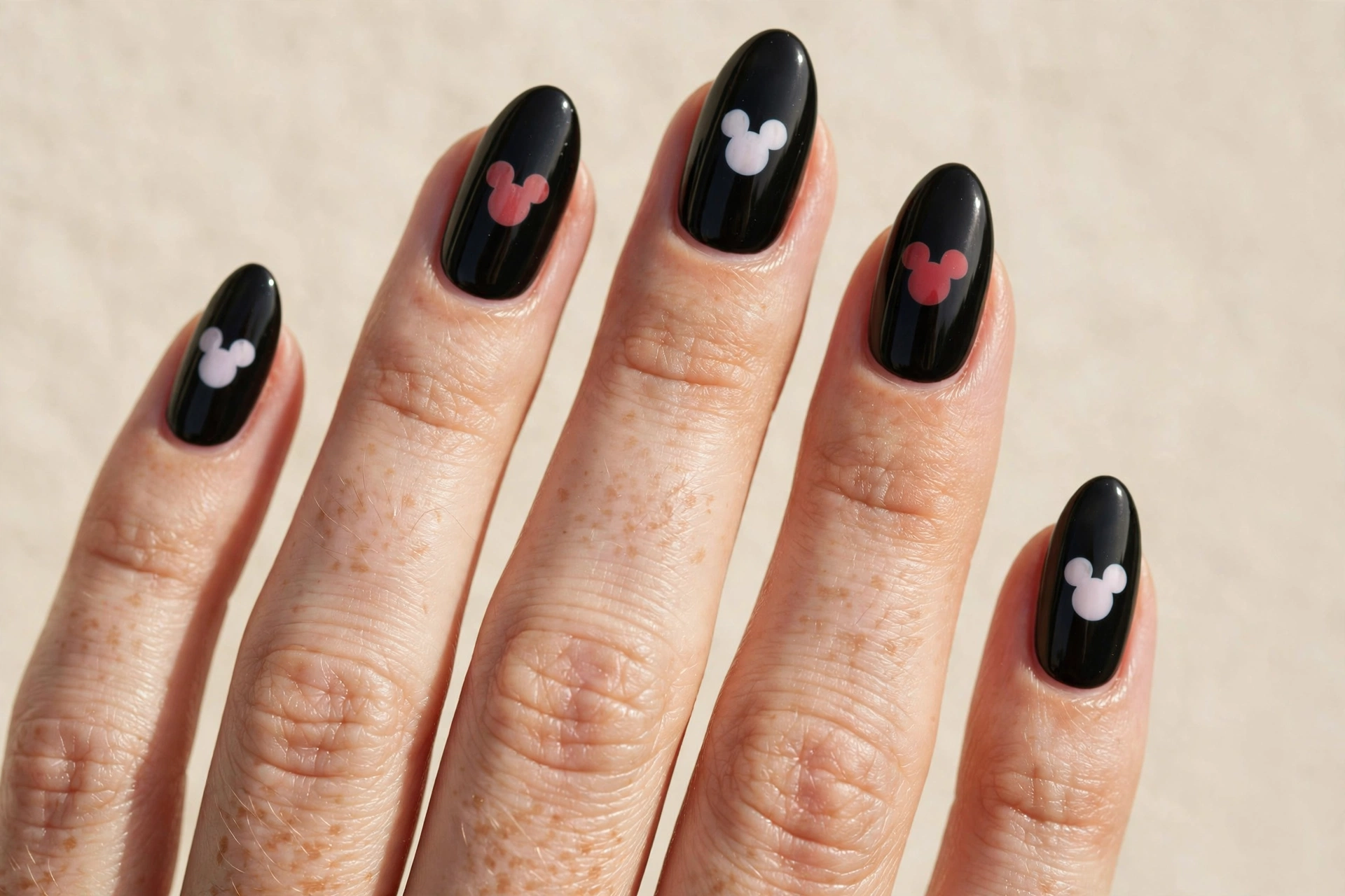 Glossy black nails with white mouse-ear silhouette dot art