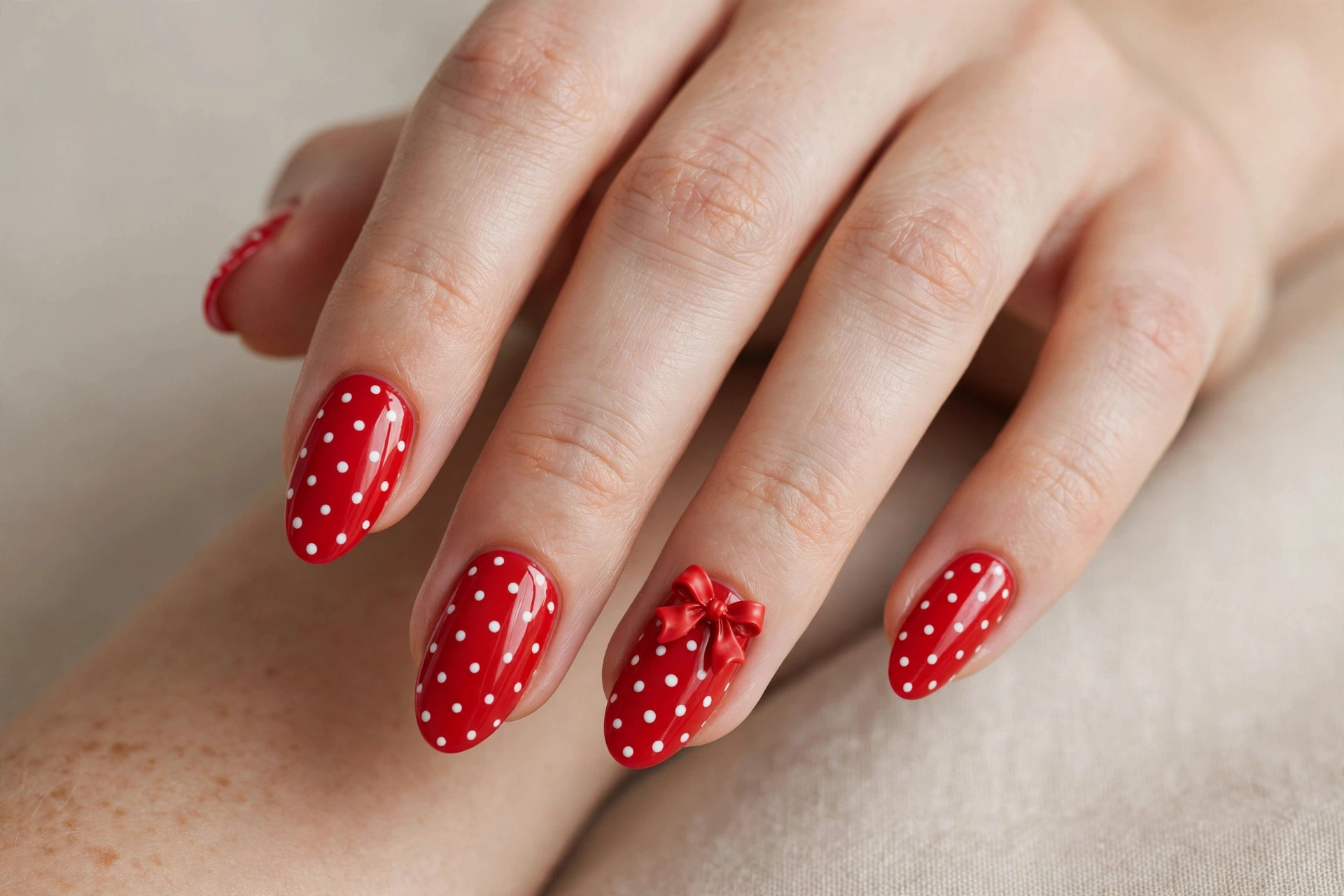 Cherry red nails with white polka dots and a small bow accent