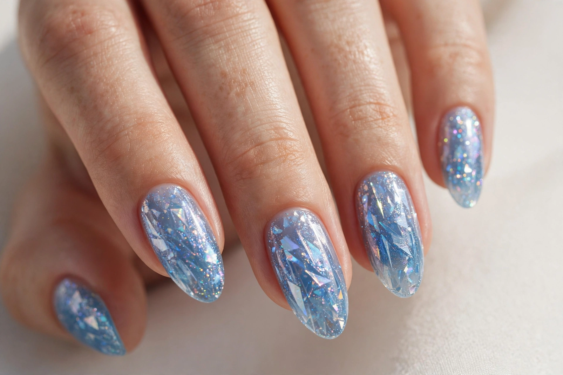 Icy blue holographic shimmer nails like glass slippers