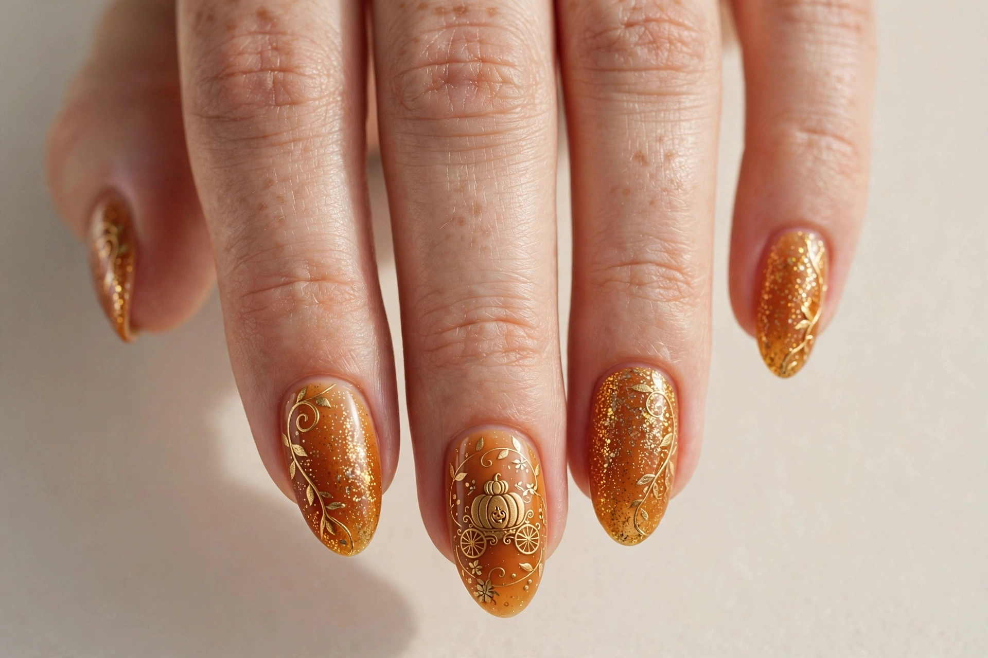 Amber nails with gold glitter and vine swirl accents