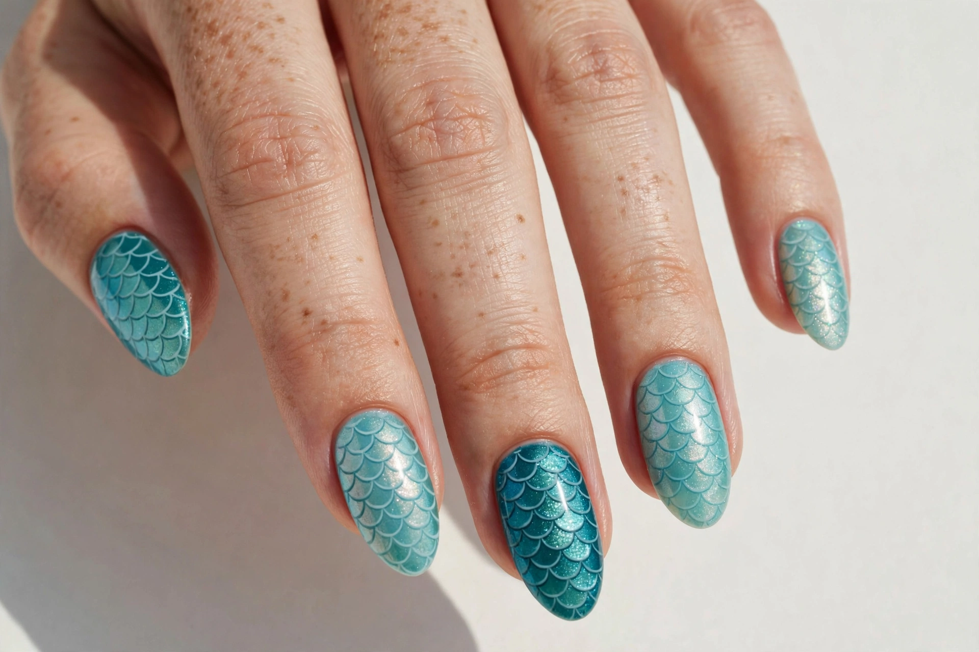 Teal nails with mermaid scale pattern and pearly shimmer