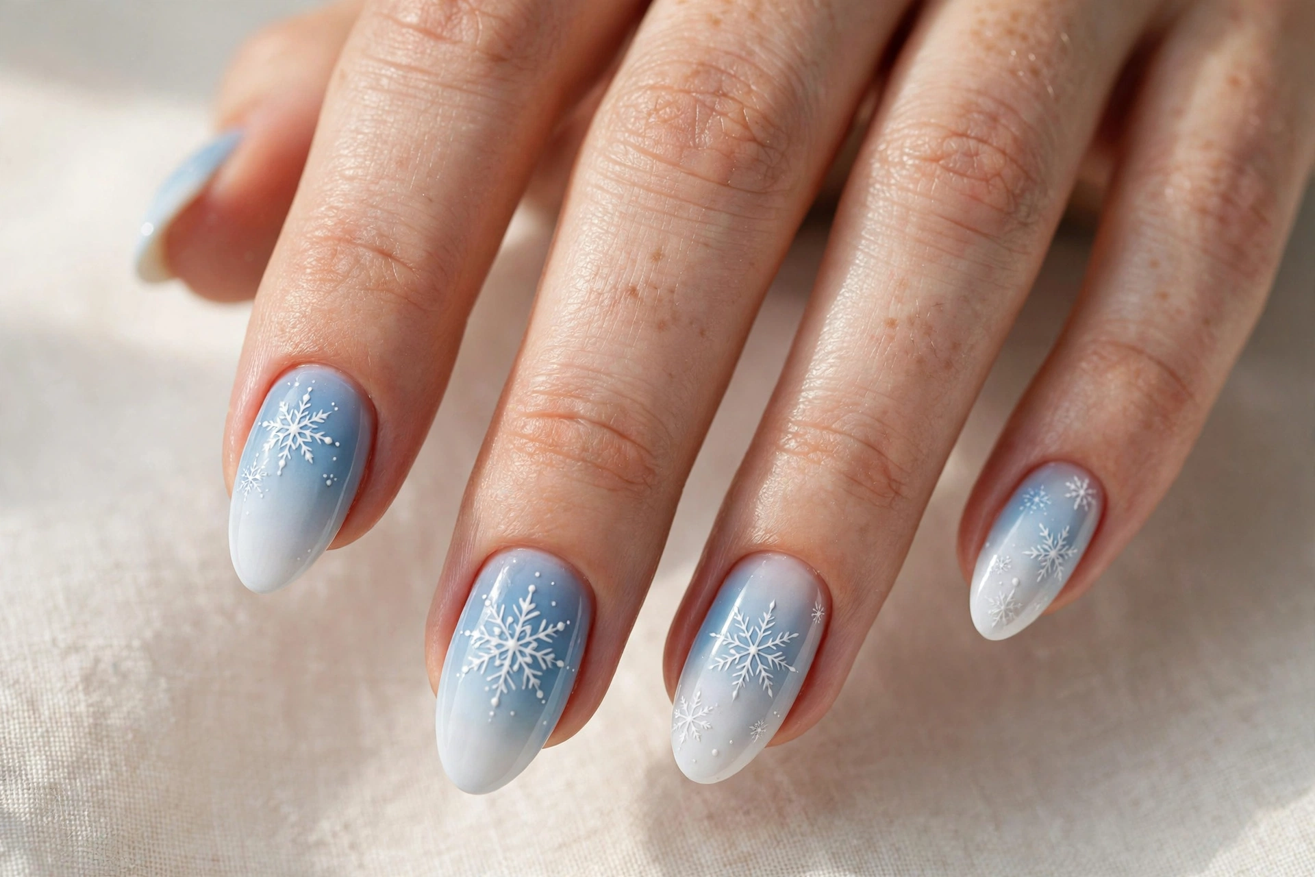 Ice-blue ombre nails with white snowflake nail art