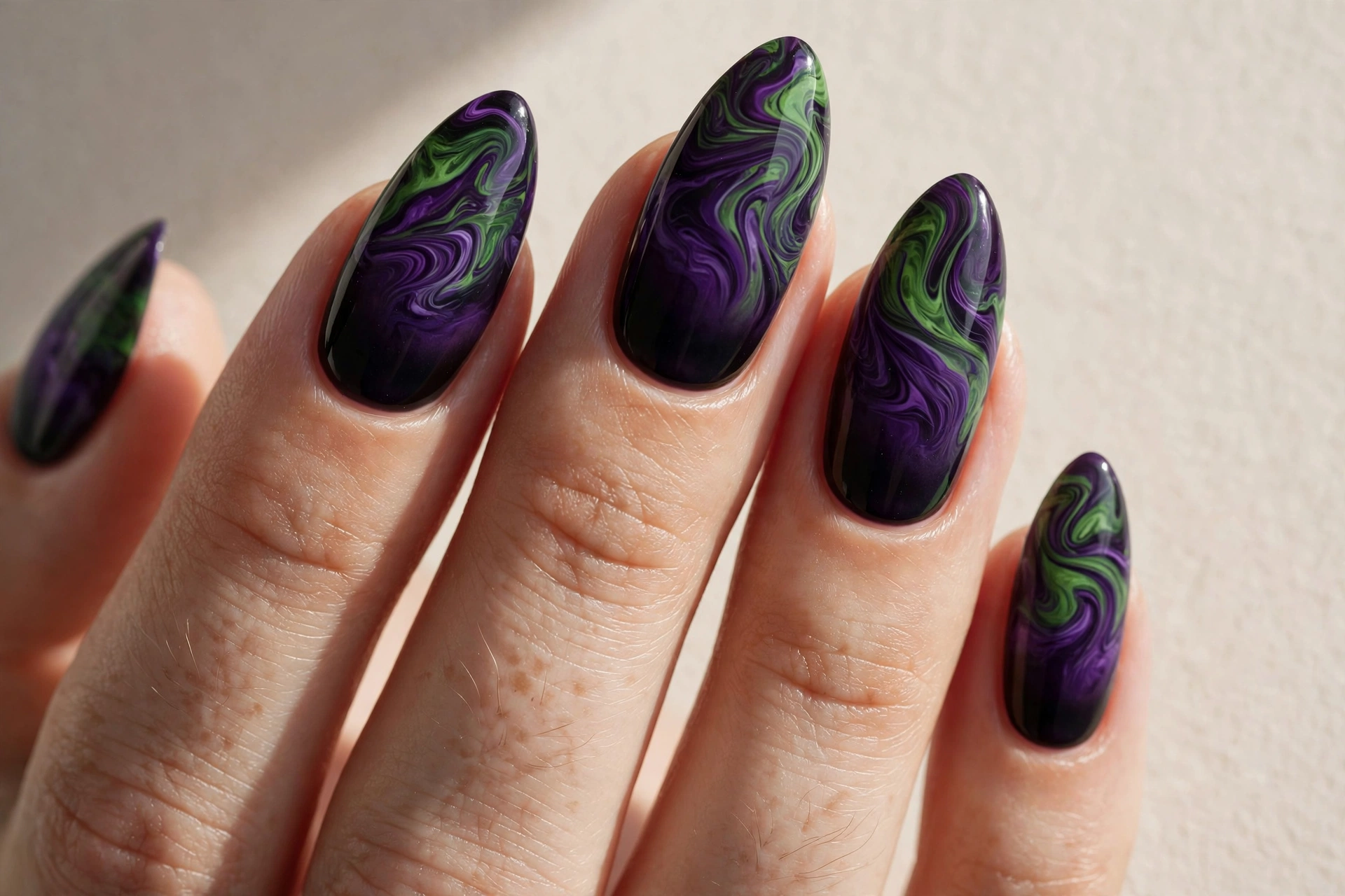 Dark purple and green marble swirl villain-inspired nails