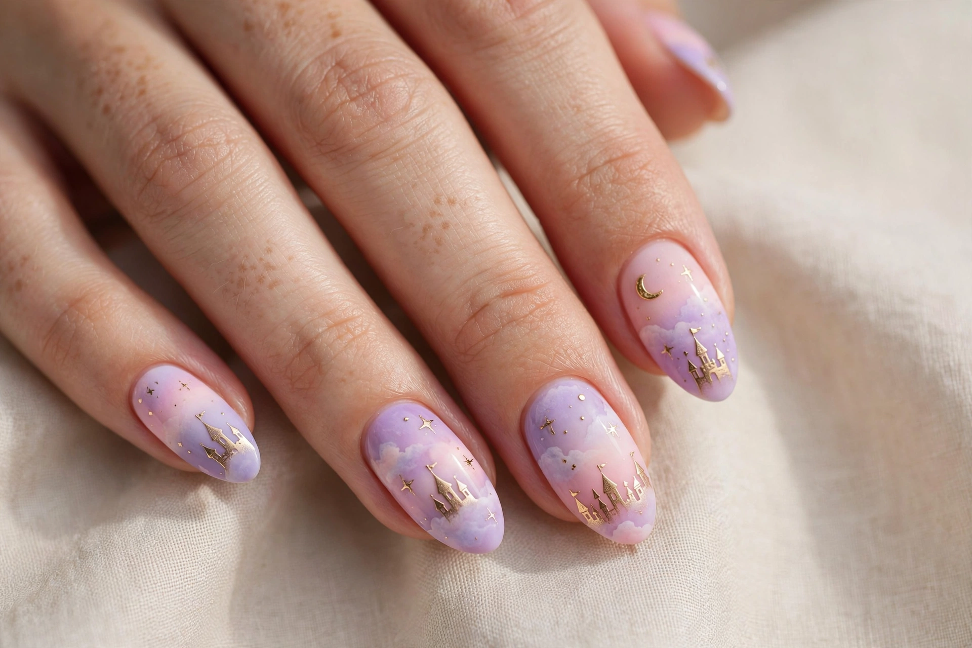 Pastel pink and lilac nails with tiny gold castle silhouettes