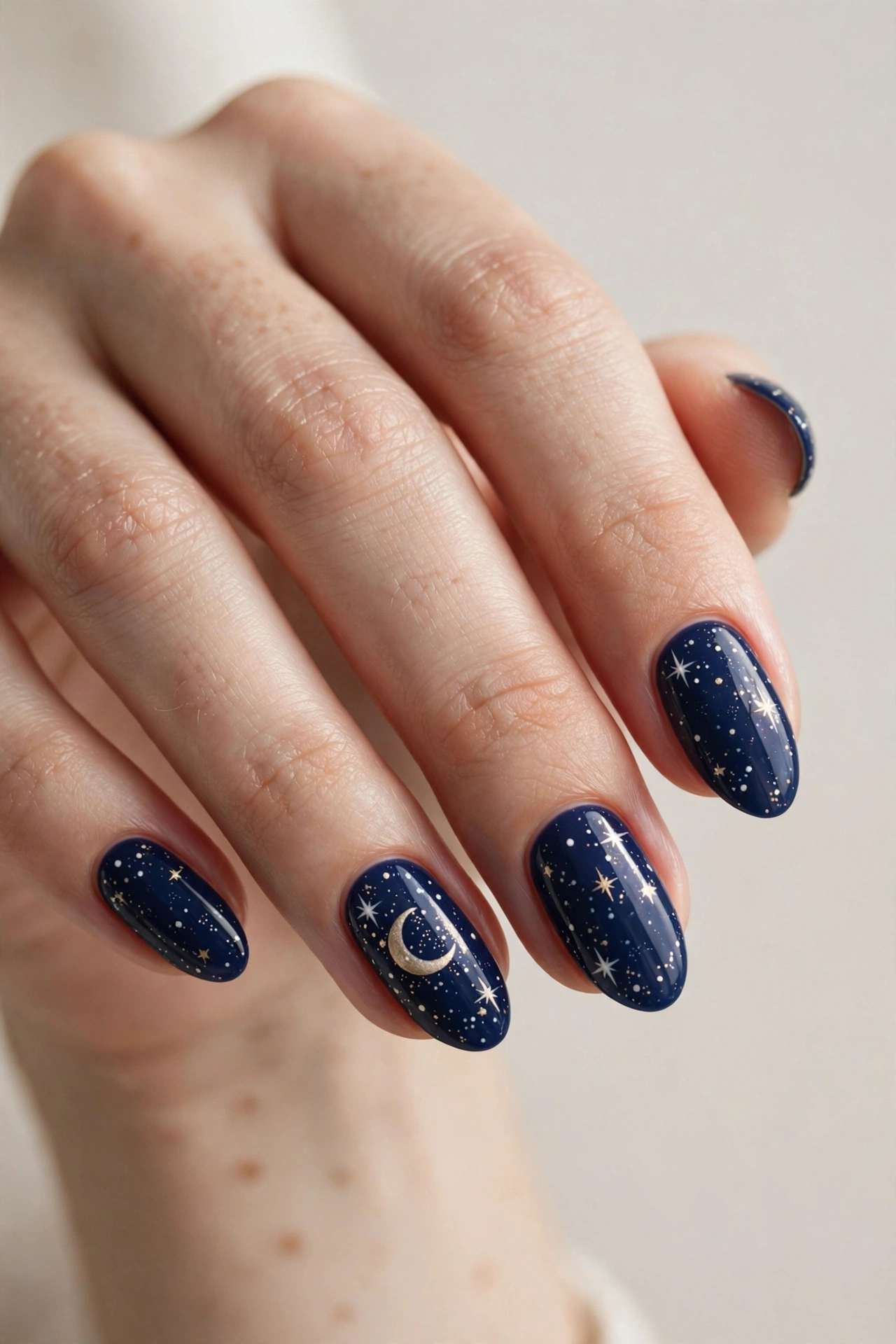 Deep navy nails with hand-painted stars and a crescent moon