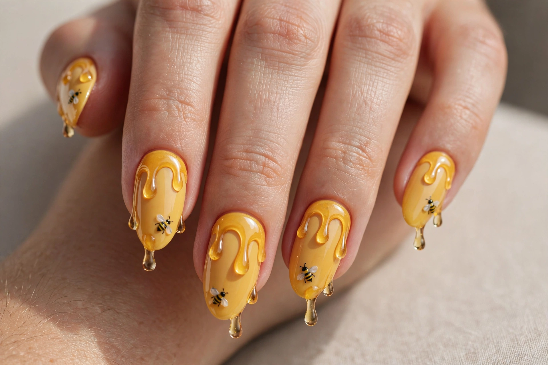 Golden yellow nails with dripping honey nail art