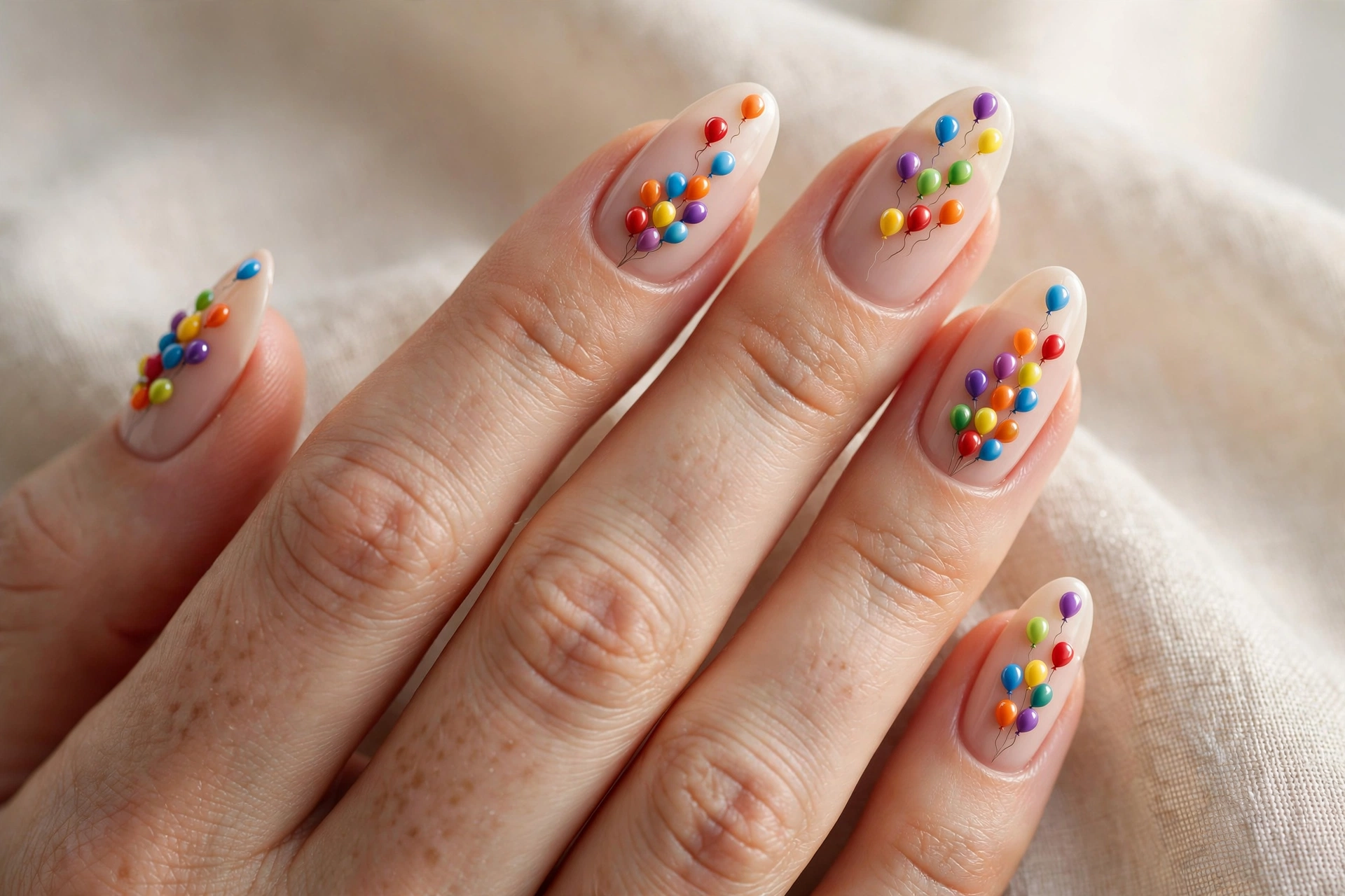 Nude nails with colorful balloon dot nail art