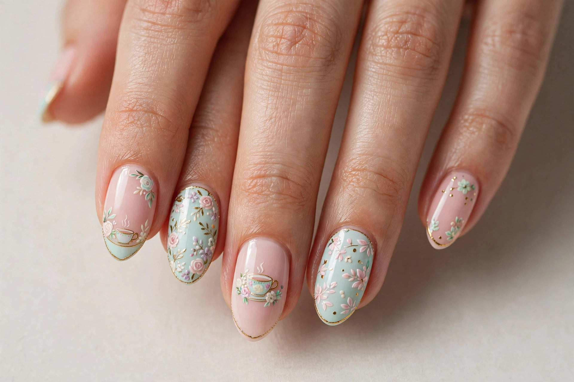 Pastel mint and blush nails with tiny floral and gold rim details