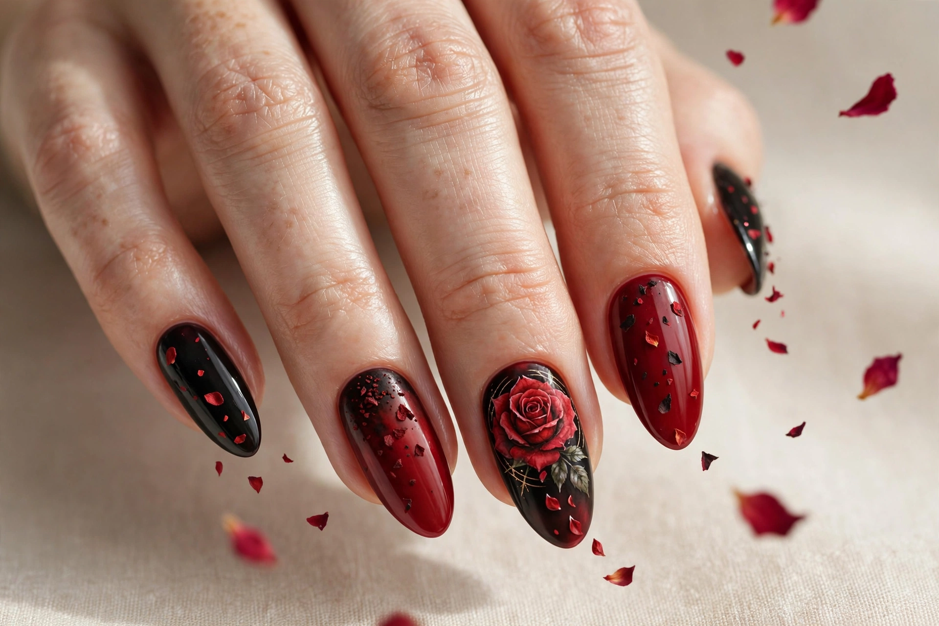 Red and black nails with hand-painted enchanted rose art