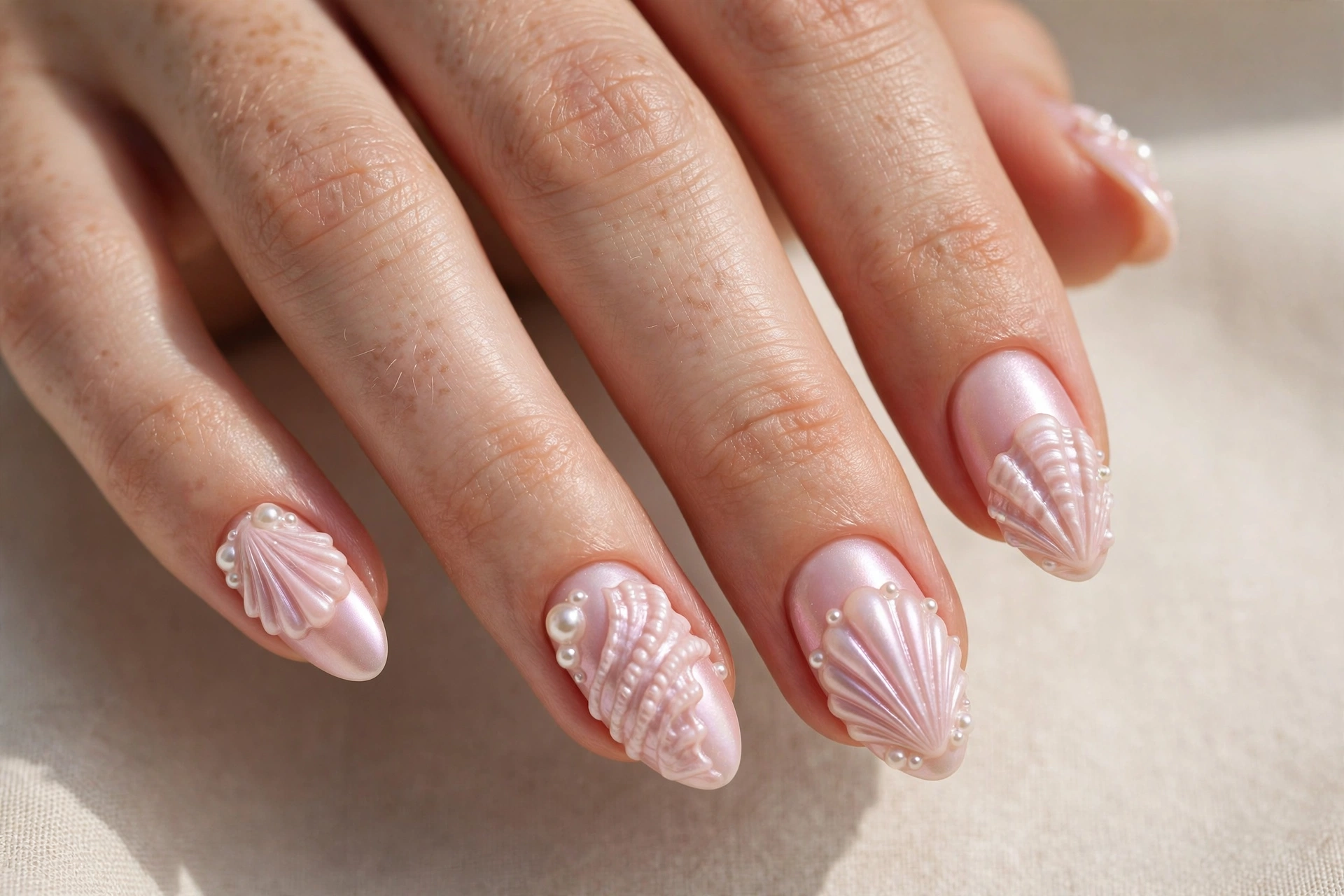 Pearly pink nails with 3D seashell texture and pearl accents