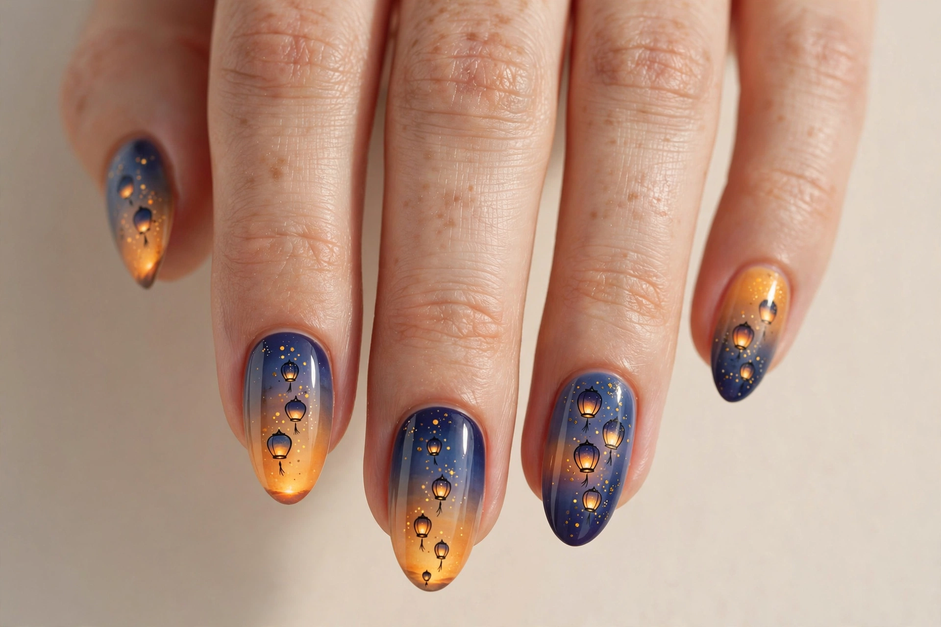 Golden-orange gradient nails with floating lantern silhouettes