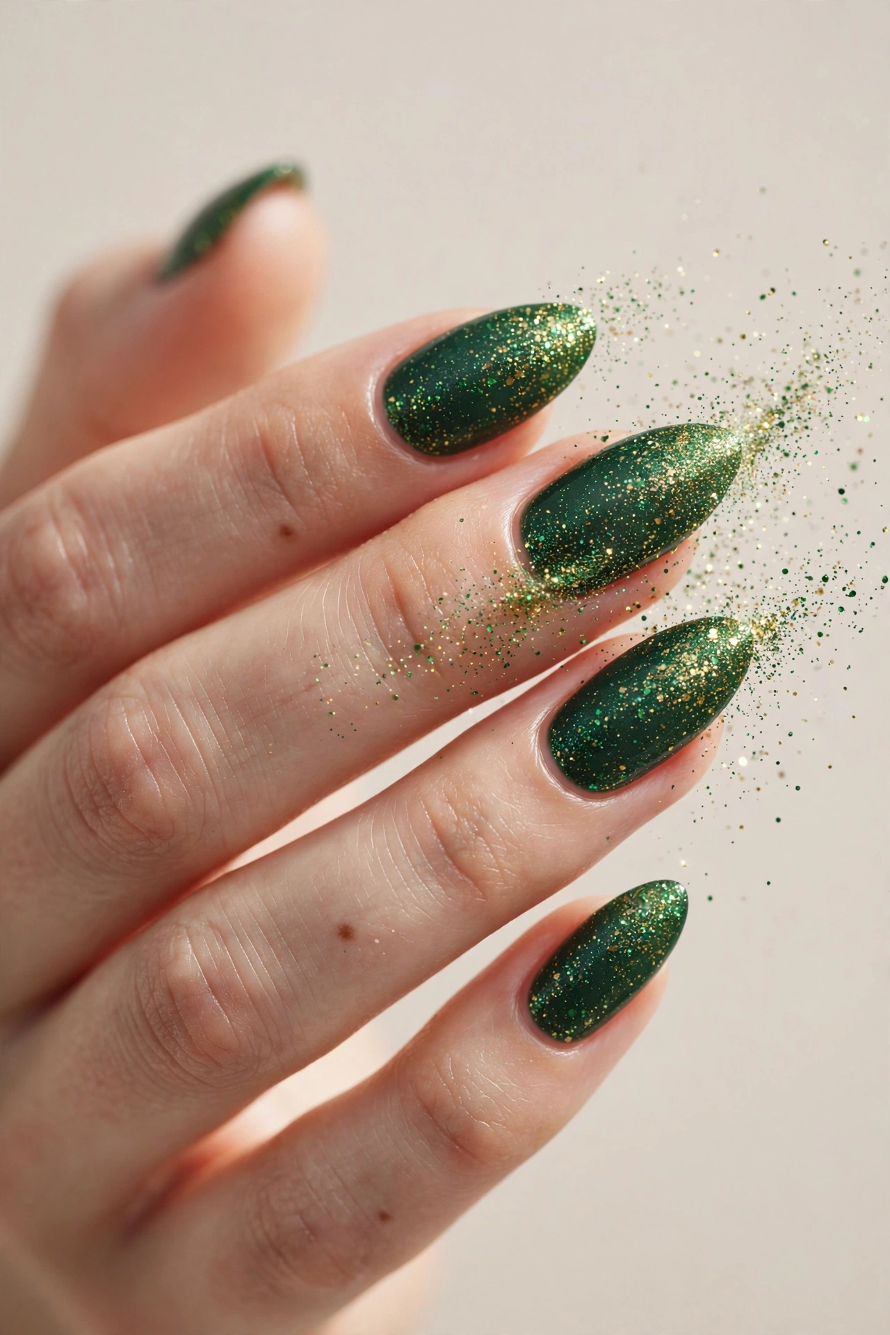 Forest green nails with gold and green pixie-dust glitter