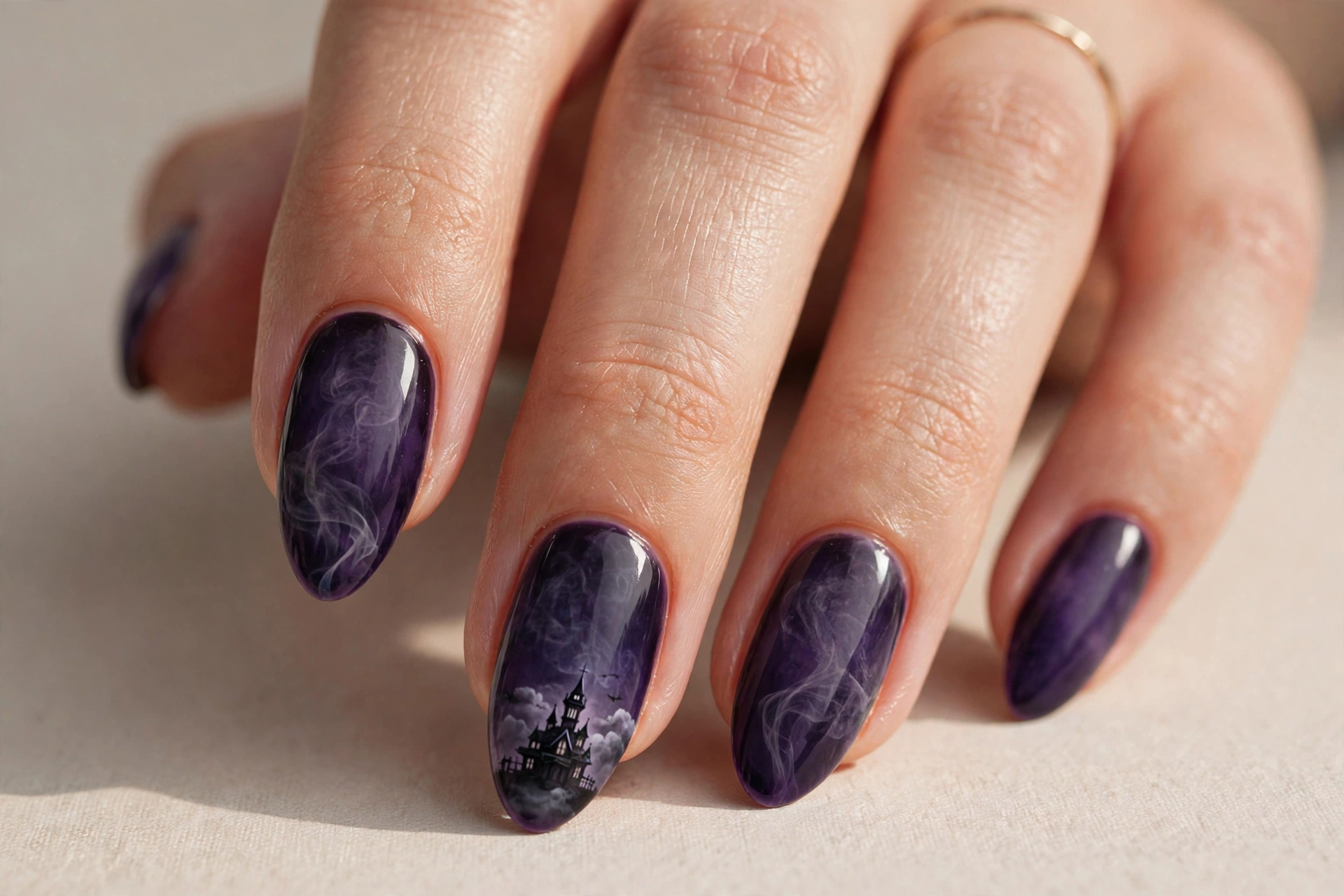 Dark purple nails with gray mist swirls and gothic accent