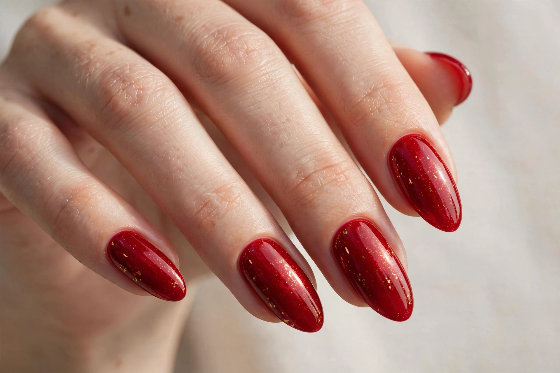 Glossy candy-apple red nails with gold flecks