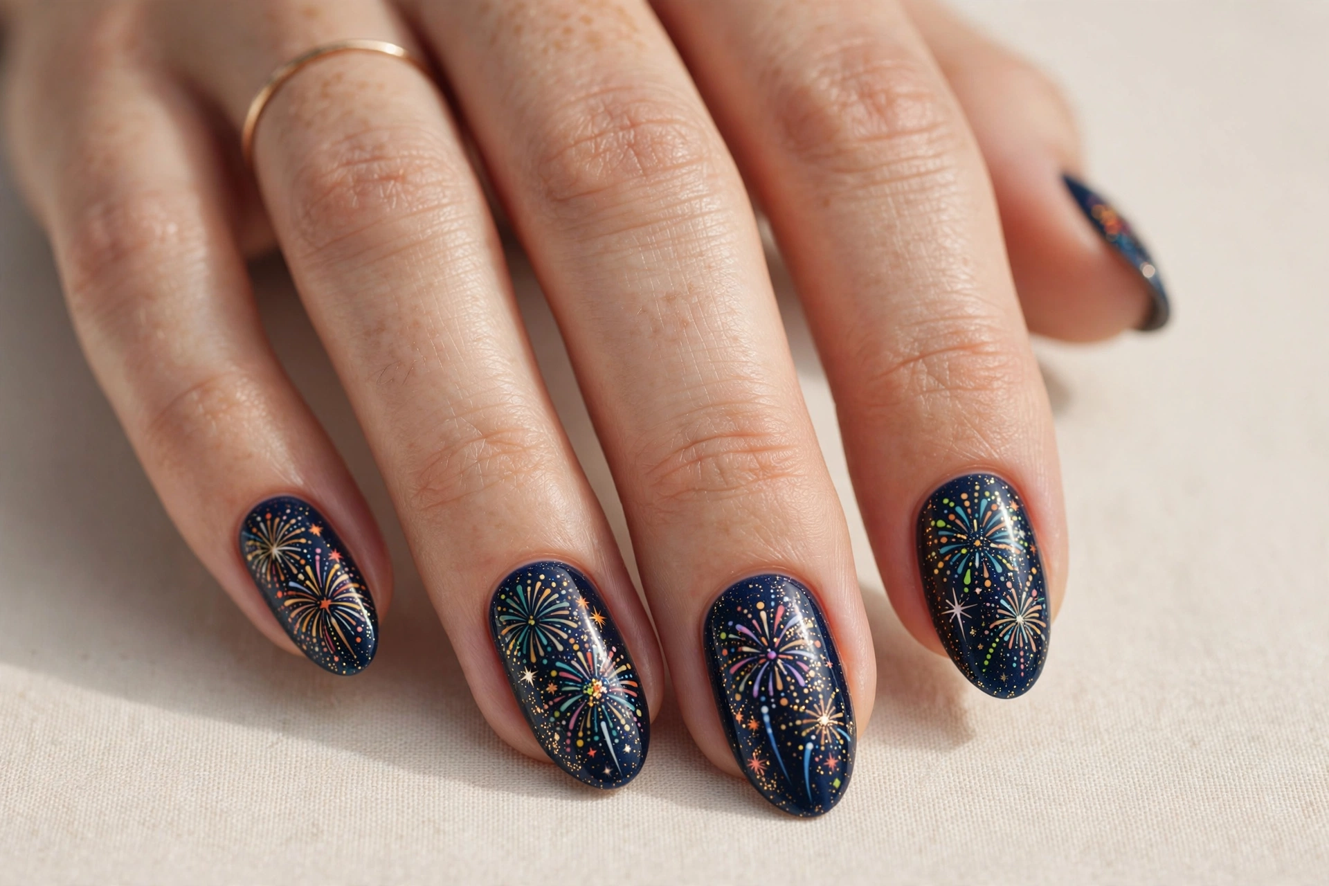 Midnight blue nails with colorful firework burst nail art