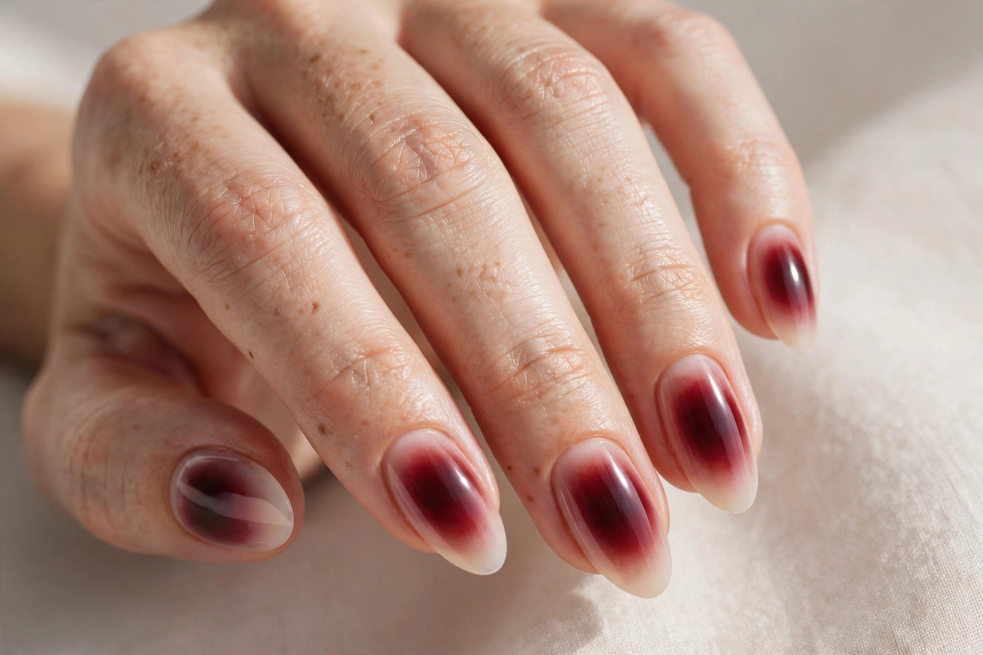 Vampy burgundy aura nails with deep red glowing centers fading to milky nude edges