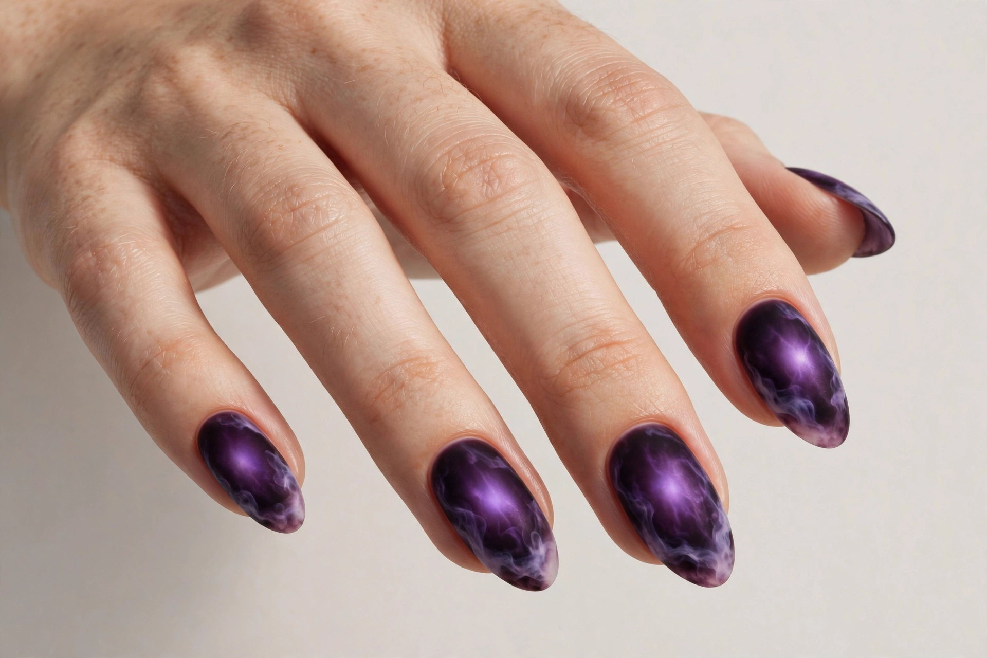 Deep plum smoke aura nails with dark plum centers fading into smoky black-purple edges