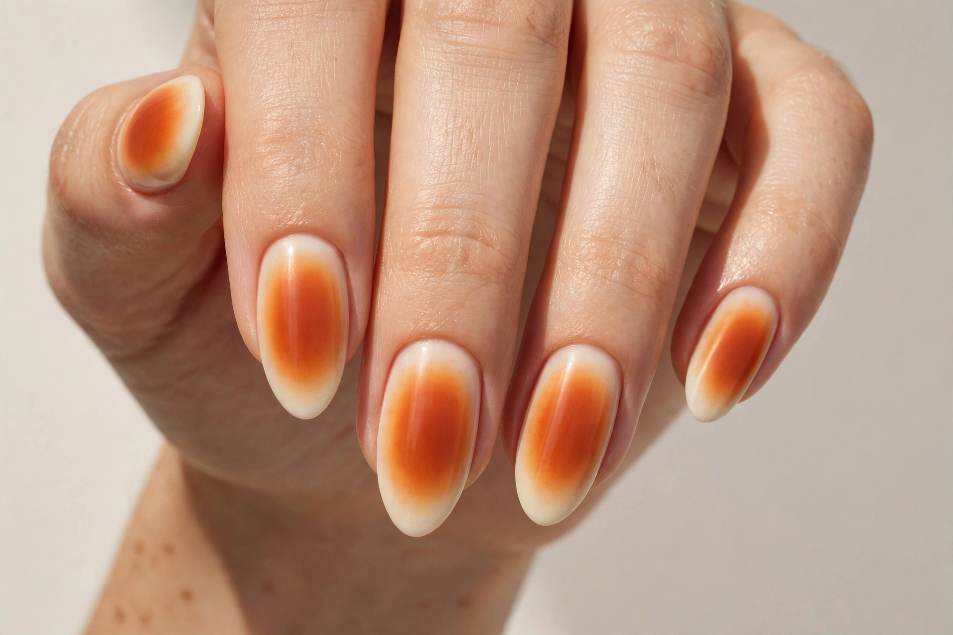 Burnt orange harvest aura nails with glowing orange centers fading to milky cream edges