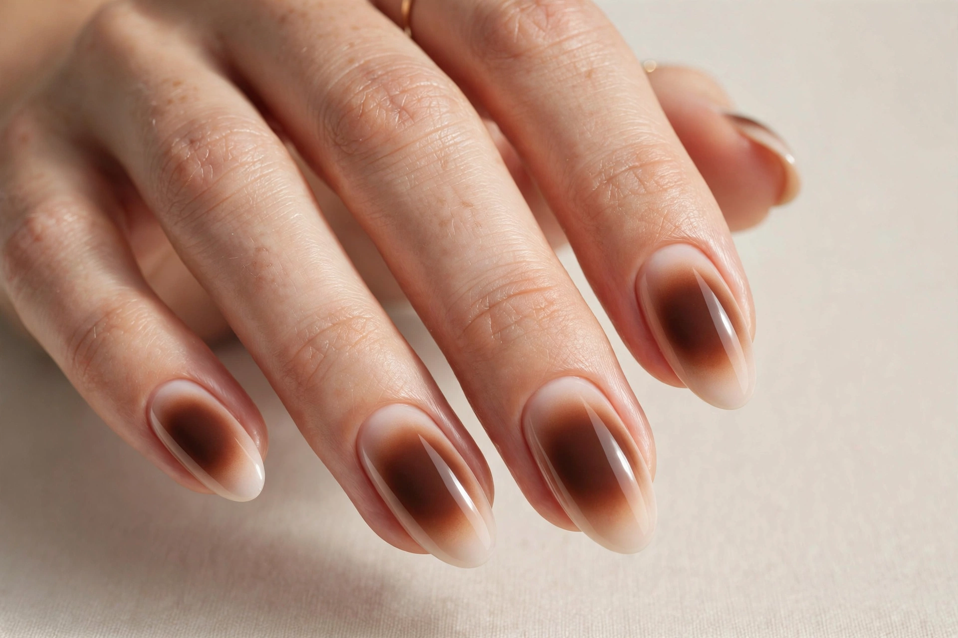 Chocolate espresso aura nails with rich brown glowing centers fading to milky nude edges