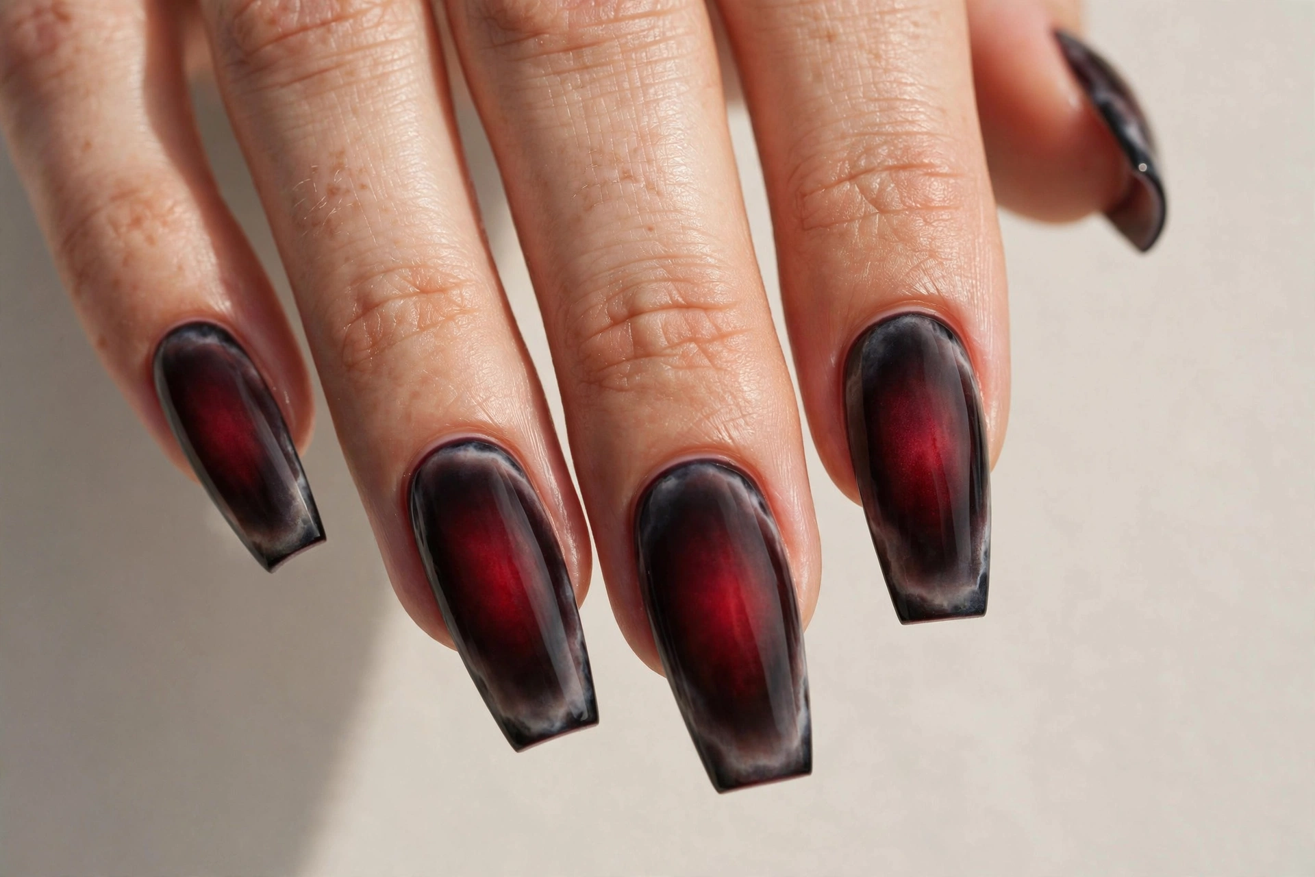 Black cherry aura nails with near-black cherry red centers fading to dark milky edges
