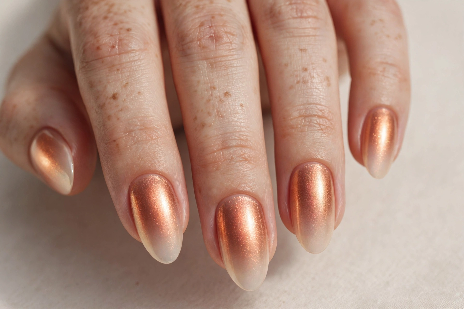 Copper shimmer aura nails with metallic copper glowing centers fading to champagne milky edges
