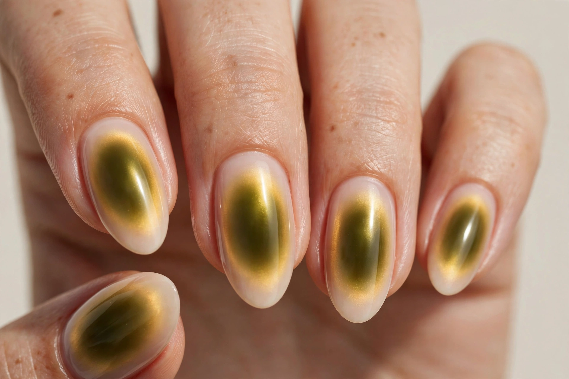 Olive and gold aura nails with deep olive green centers and golden halo fading to milky nude edges