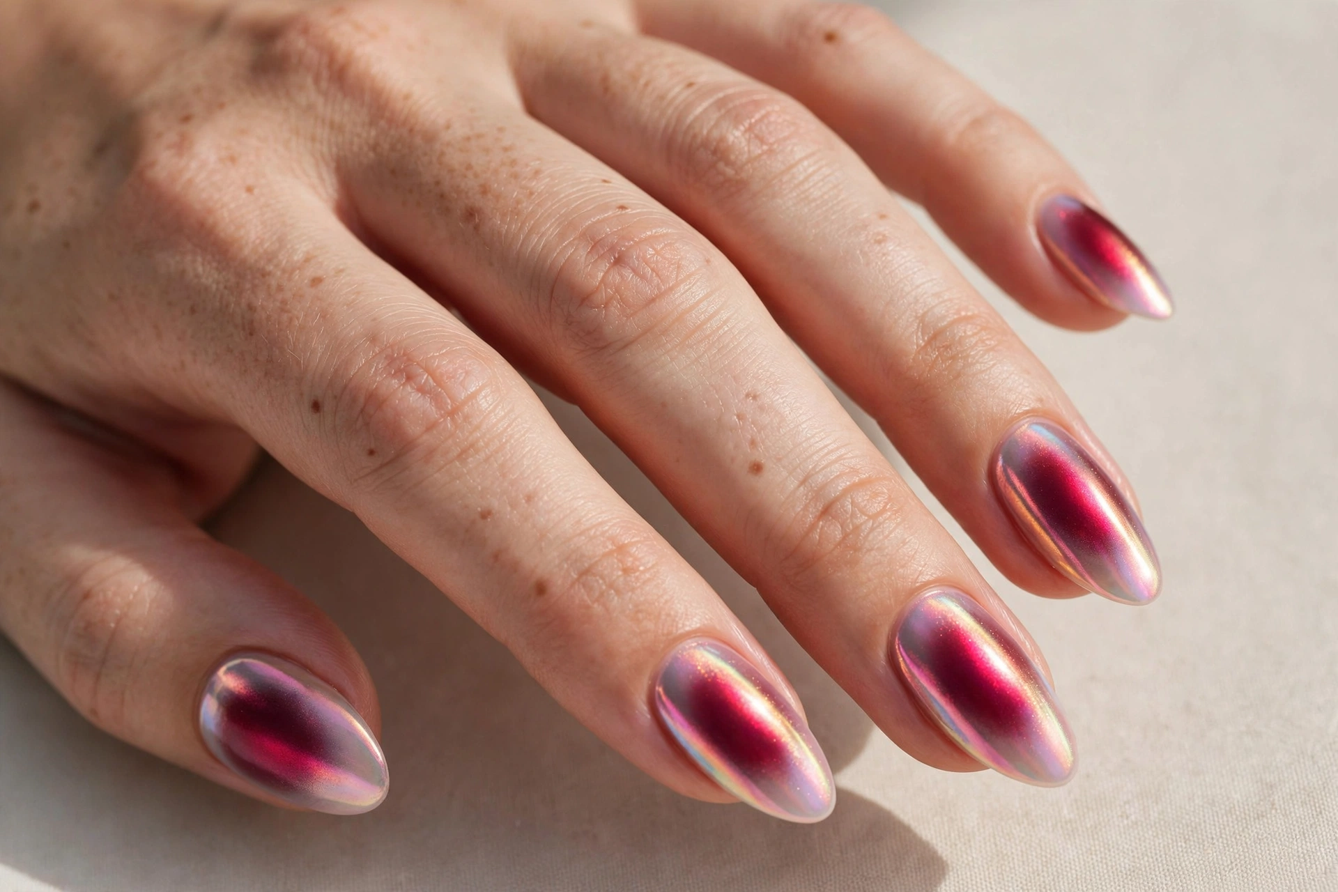 Cranberry chrome aura nails with deep cranberry centers and iridescent chrome shimmer fading to milky pink edges