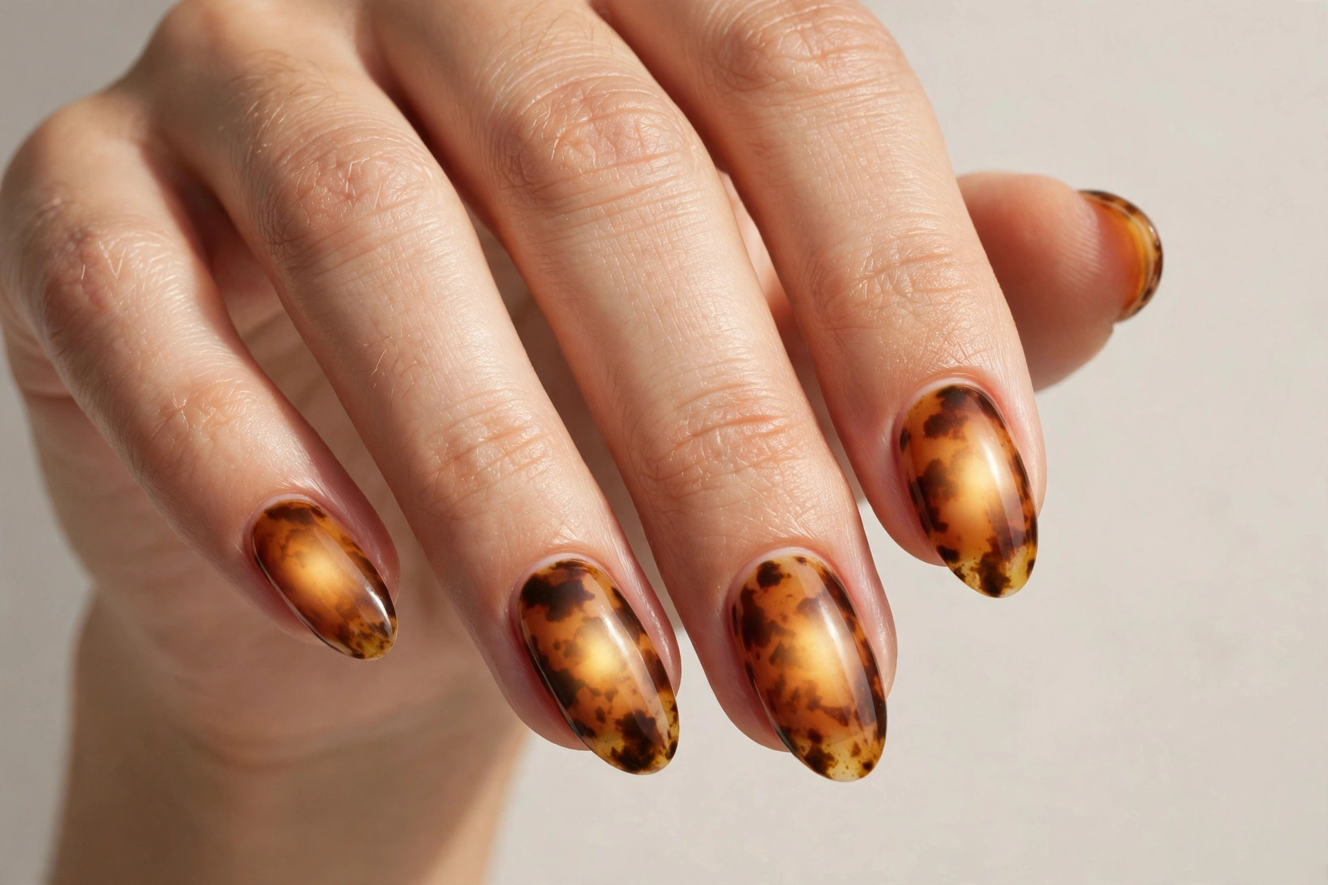 Tortoiseshell aura blend nails with amber tortoiseshell pattern and soft glowing aura centers