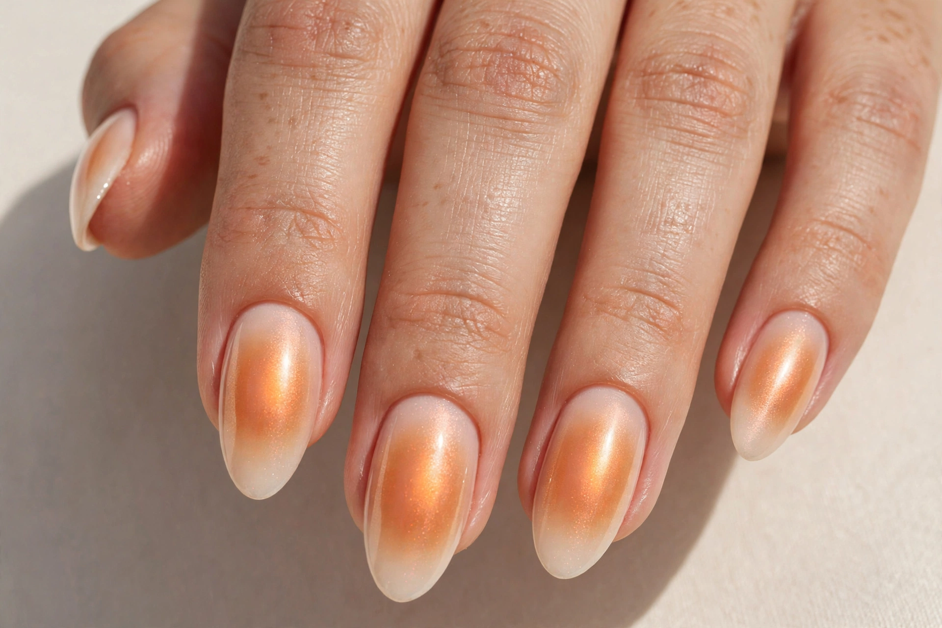 Maple glaze aura nails with warm maple orange centers and glazed shimmer fading to milky nude edges