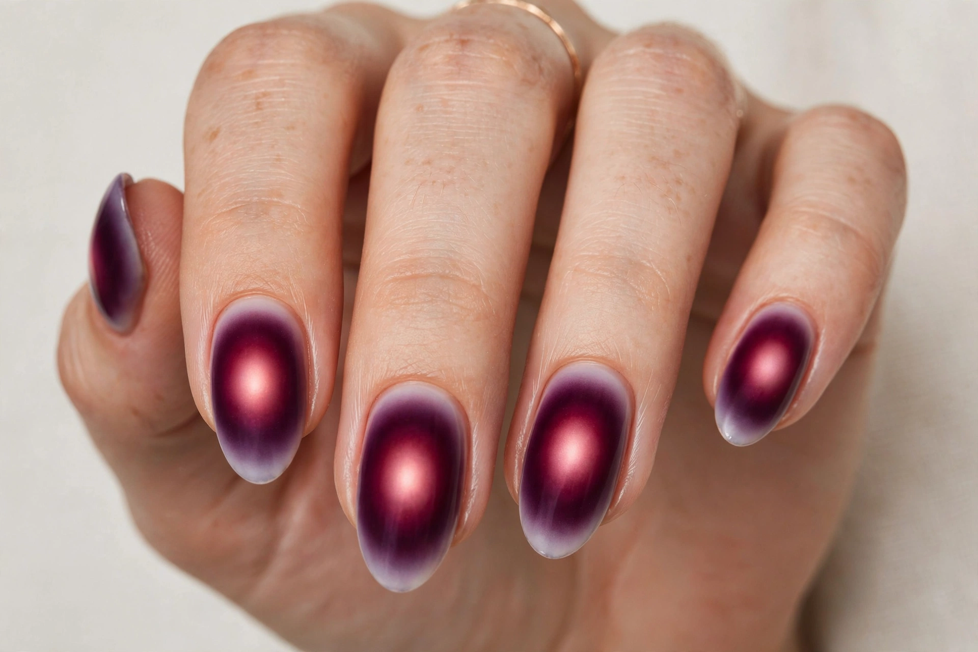 Mulled wine ombre aura nails with deep wine purple-red ombre and glowing aura halo
